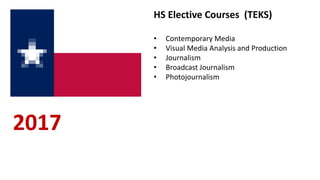 2017
HS Elective Courses (TEKS)
• Contemporary Media
• Visual Media Analysis and Production
• Journalism
• Broadcast Journalism
• Photojournalism
 
