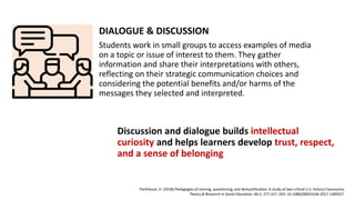DIALOGUE & DISCUSSION
Students work in small groups to access examples of media
on a topic or issue of interest to them. They gather
information and share their interpretations with others,
reflecting on their strategic communication choices and
considering the potential benefits and/or harms of the
messages they selected and interpreted.
Discussion and dialogue builds intellectual
curiosity and helps learners develop trust, respect,
and a sense of belonging
Parkhouse, H. (2018) Pedagogies of naming, questioning, and demystification: A study of two critical U.S. history Classrooms.
Theory & Research in Social Education, 46:2, 277-317, DOI: 10.1080/00933104.2017.1389327.
 