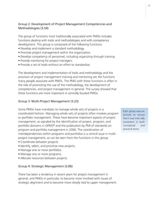 25




Group 2: Development of Project Management Competencies and
Methodologies (3.54)

The group of functions most traditionally associated with PMOs includes
functions dealing with tools and methodologies and with competency
development. This group is composed of the following functions:
• Develop and implement a standard methodology.
• Promote project management within the organization.
• Develop competency of personnel, including organizing through training.
• Provide mentoring for project managers.
• Provide a set of tools without an effort to standardize.

The development and implementation of tools and methodology and the
provision of project management training and mentoring are the functions
many people associate with PMOs. The PMO with these functions is often in
the role of promoting the use of the methodology, the development of
competencies, and project management in general. The survey showed that
these functions are more important in centrally located PMOs.

Group 3: Multi-Project Management (3.23)

Some PMOs have mandates to manage whole sets of projects in a
                                                                                Each group was ex-
coordinated fashion. Managing whole sets of projects often involves program     amined to ensure
or portfolio management. These have become important aspects of project         that it was internally
management, as signaled by the identification of project, program, and          consistent in both
portfolio domains in OPM3® and the publication by PMI of standards on           conceptual        and
program and portfolio management in 2006. The coordination of                   practical terms.
interdependencies within programs and portfolios is a central issue in multi-
project management, as can be seen from the functions in this group:
• Coordinate between projects.
• Identify, select, and prioritize new projects.
• Manage one or more portfolios.
• Manage one or more programs.
• Allocate resources between projects.

Group 4: Strategic Management (3.06)

There has been a tendency in recent years for project management in
general, and PMOs in particular, to become more involved with issues of
strategic alignment and to become more closely tied to upper management.
 