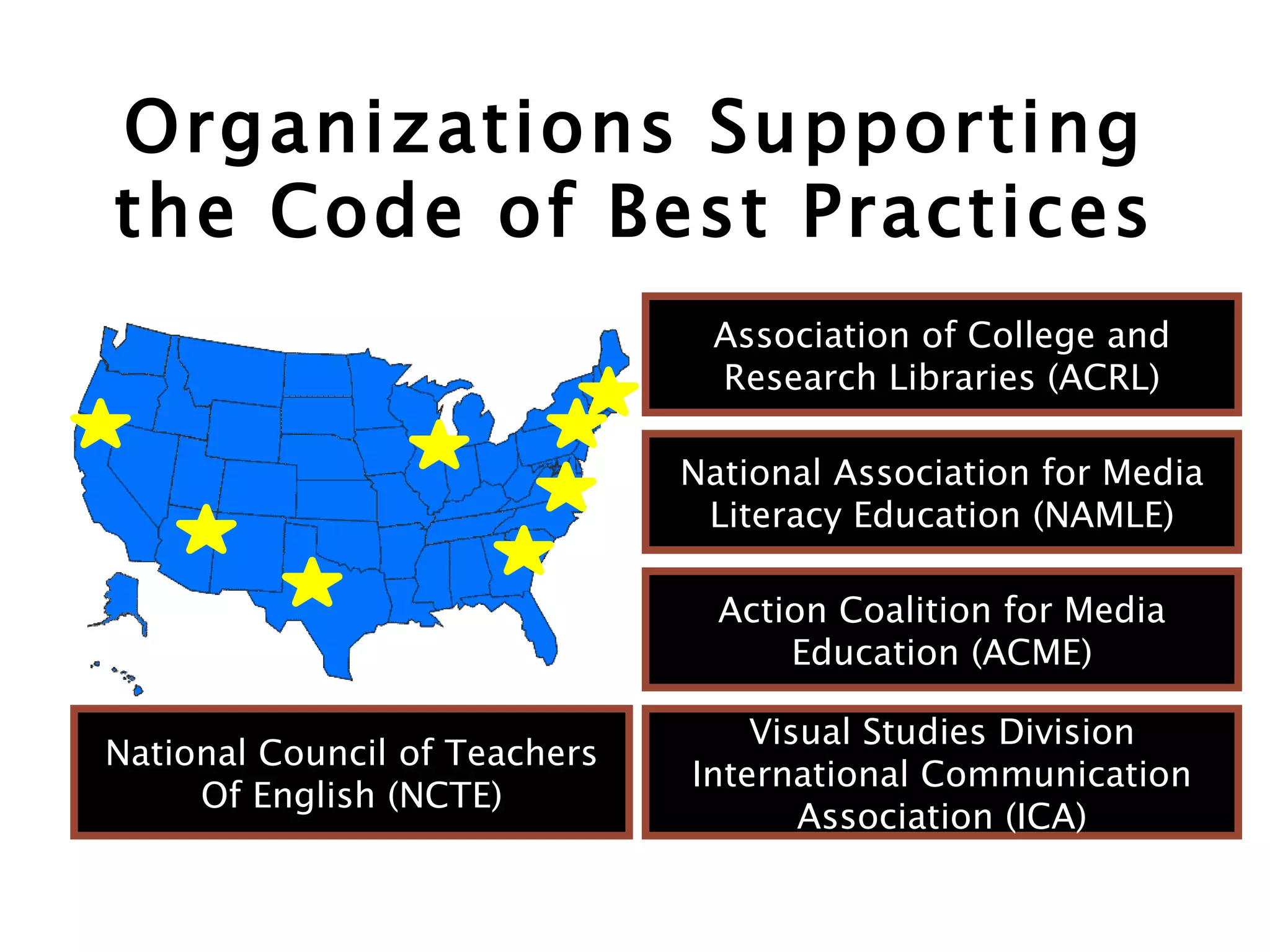 Organizations Supporting the Code of Best Practices Action Coalition for Media Education (ACME) National Association for Media Literacy Education (NAMLE) National Council of Teachers Of English (NCTE) Visual Studies Division International Communication Association (ICA) Association of College and Research Libraries (ACRL) 
