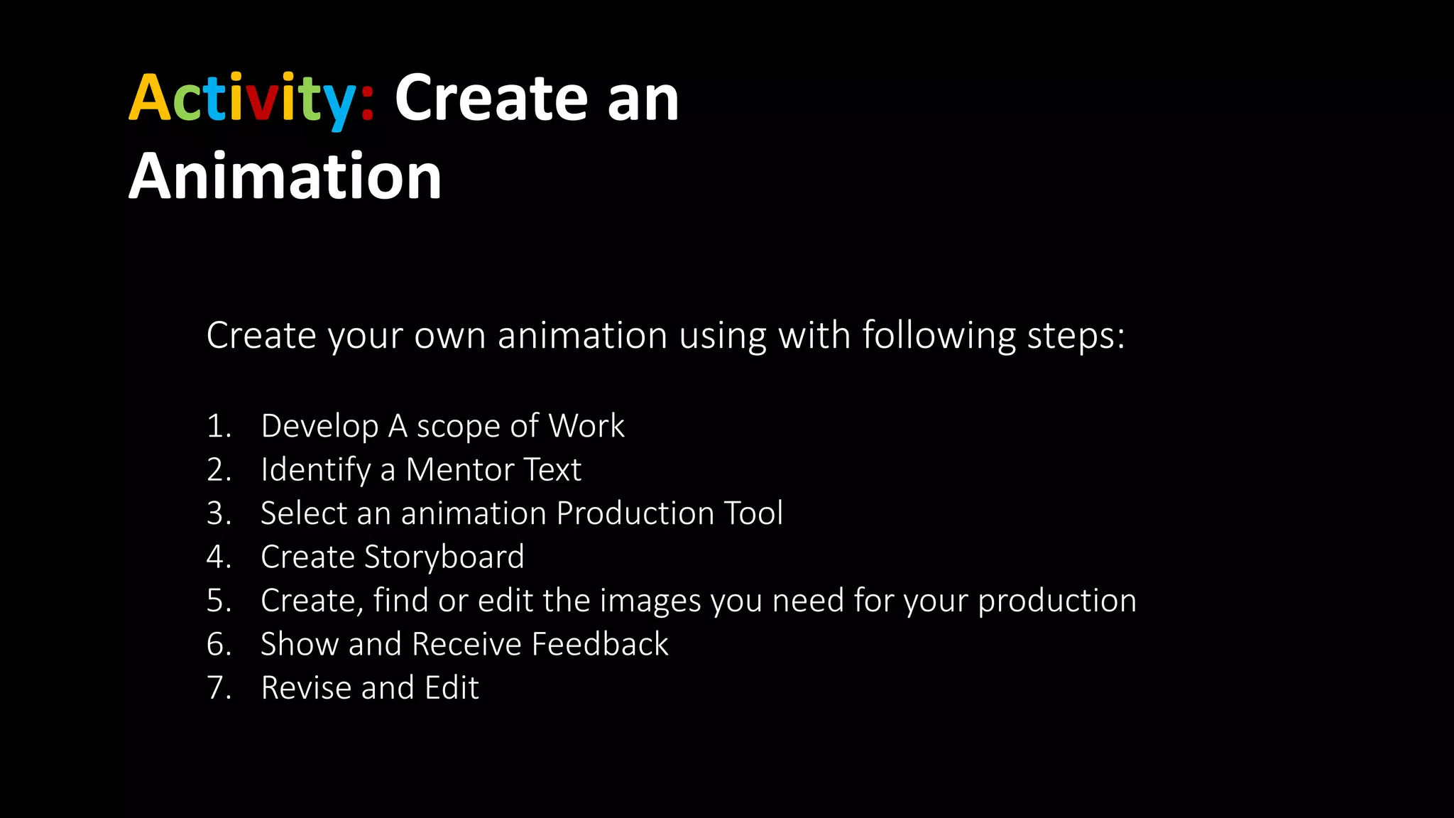 Activity: Create an
Animation
Create your own animation using with following steps:
1. Develop A scope of Work
2. Identify a Mentor Text
3. Select an animation Production Tool
4. Create Storyboard
5. Create, find or edit the images you need for your production
6. Show and Receive Feedback
7. Revise and Edit
 