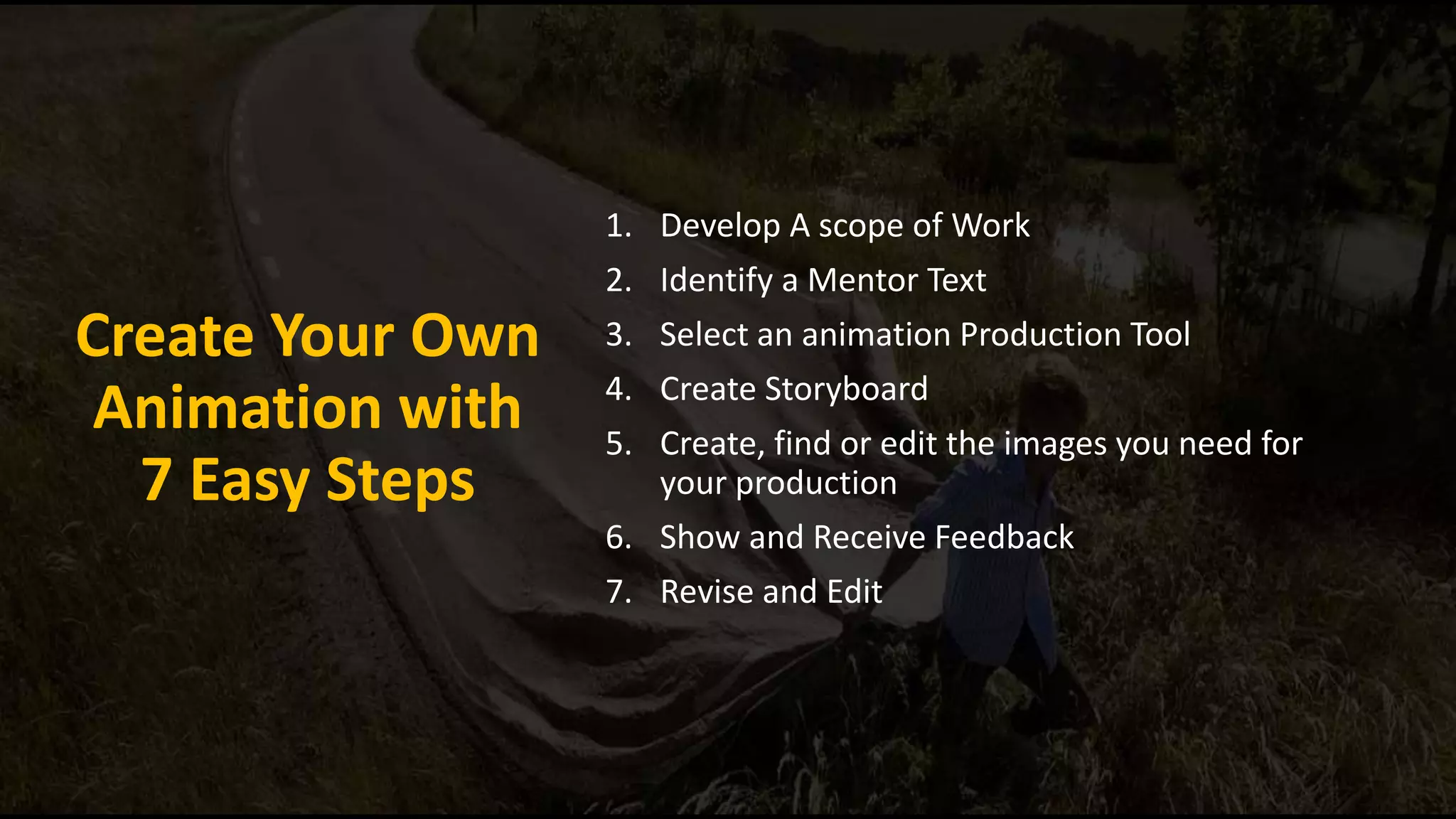 Create Your Own
Animation with
7 Easy Steps
1. Develop A scope of Work
2. Identify a Mentor Text
3. Select an animation Production Tool
4. Create Storyboard
5. Create, find or edit the images you need for
your production
6. Show and Receive Feedback
7. Revise and Edit
 