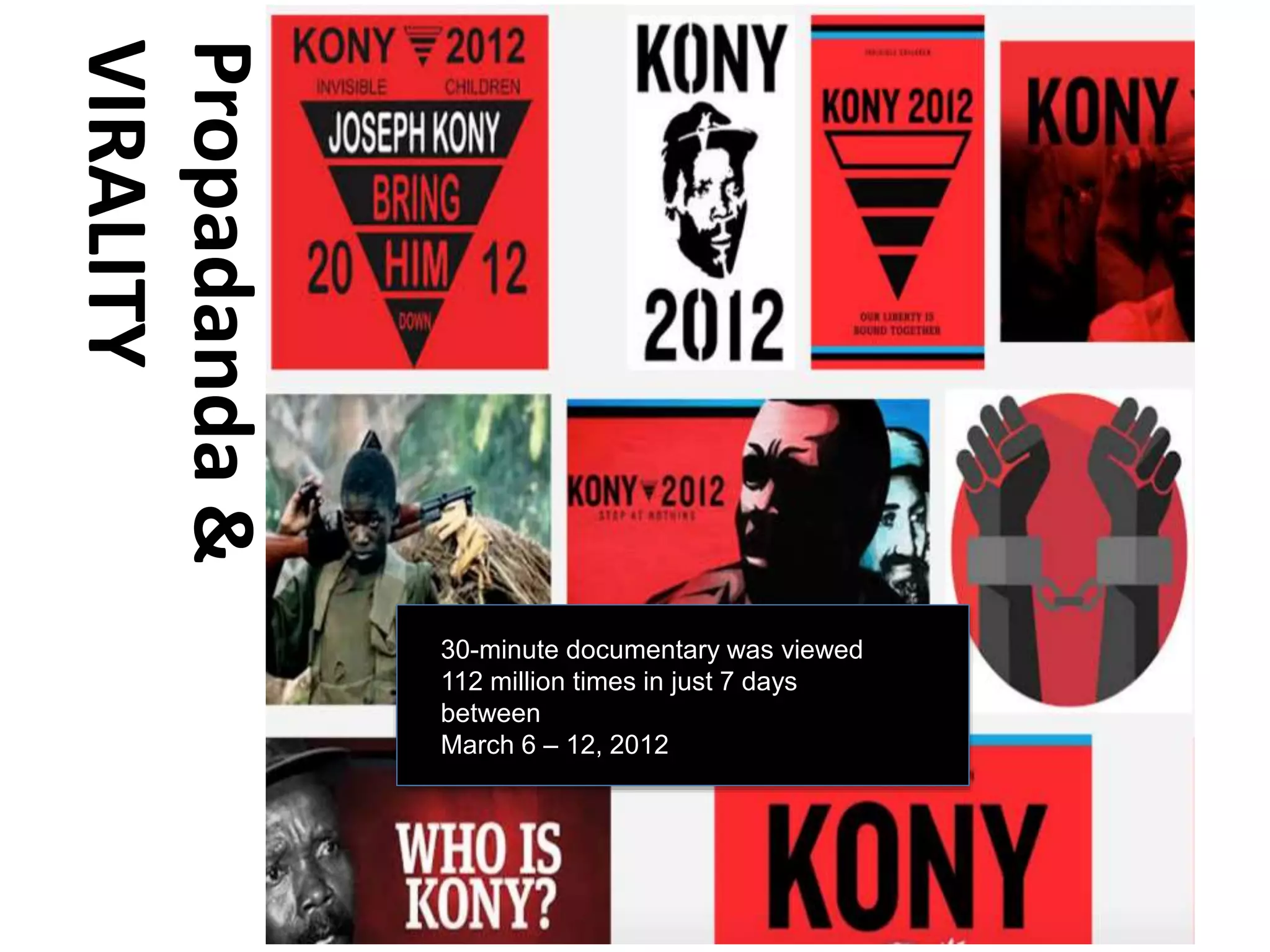 30-minute documentary was viewed
112 million times in just 7 days
between
March 6 – 12, 2012
Propadanda&
VIRALITY
 
