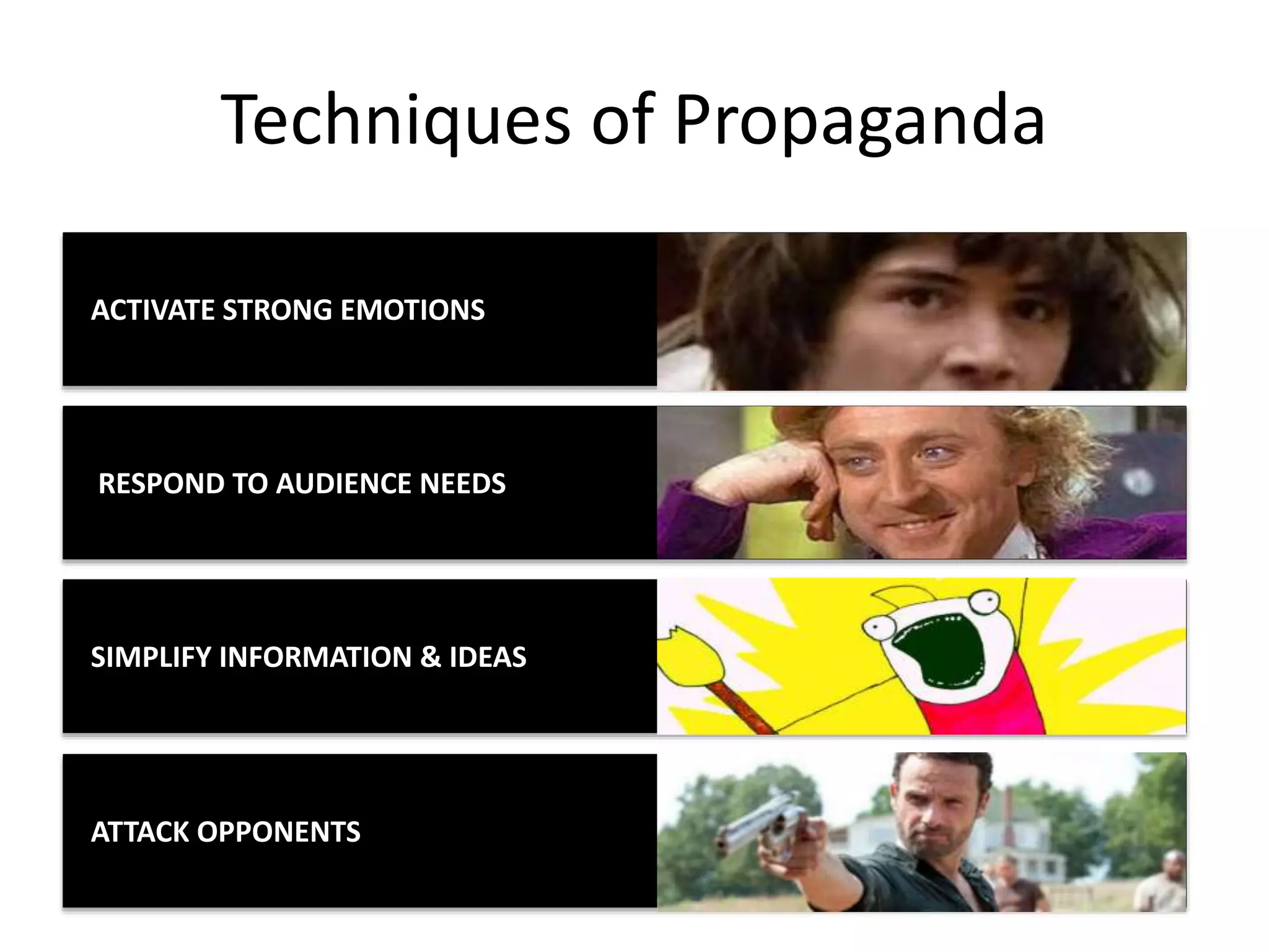 Techniques of Propaganda
ACTIVATE STRONG EMOTIONS
ATTACK OPPONENTS
SIMPLIFY INFORMATION & IDEAS
RESPOND TO AUDIENCE NEEDS
 