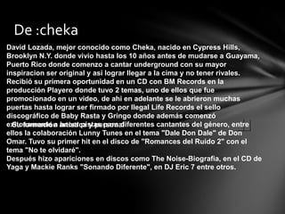 De :cheka
David Lozada, mejor conocido como Cheka, nacido en Cypress Hills,
Brooklyn N.Y. donde vivio hasta los 10 años antes de mudarse a Guayama,
Puerto Rico donde comenzo a cantar underground con su mayor
inspiracion ser original y asi lograr llegar a la cima y no tener rivales.
Recibió su primera oportunidad en un CD con BM Records en la
producción Playero donde tuvo 2 temas, uno de ellos que fue
promocionado en un video, de ahi en adelante se le abrieron muchas
puertas hasta lograr ser firmado por Ilegal Life Records el sello
discográfico de Baby Rasta y Gringo donde además comenzó
exitosamente a artística y personal
  Su formación hacer pistas para diferentes cantantes del género, entre
ellos la colaboración Lunny Tunes en el tema "Dale Don Dale" de Don
Omar. Tuvo su primer hit en el disco de "Romances del Ruido 2" con el
tema "No te olvidaré".
Después hizo apariciones en discos como The Noise-Biografia, en el CD de
Yaga y Mackie Ranks "Sonando Diferente", en DJ Eric 7 entre otros.
 