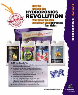 Now You
                                         Can Join The
                          HYDROPONICS
                          REVOLUTION
                                         That Saves You Time
                                         And Money While Increasing
                                                    Your Yields




Hobbyist Bundle is:      TM



l Specially designed for use with all hydroponics, soil and
    sphagnum growing mediums.
l   Developed for use with any and all hydroponics,
    aeroponics, drip irrigation, NFT or flood and drain
    growing systems.
l   You’ll get guaranteed bigger yields over any and all
    other feed programs, formulas or charts.
l   Bigger and more consistent yields.
l   Fast, easy and simple mixing so you save time.
l   Bigger Yields Flowering System is the only flowering
                                    TM


    system that takes care of your entire plant from roots to
    the very top of your flowers and everything in between.
l   No-Risk 100% Guarantee or your money back.


                                                          Turn page for more information è
 