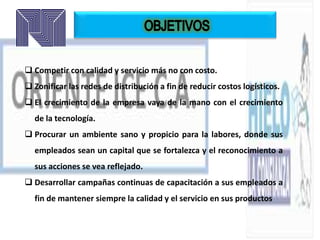  Competir con calidad y servicio más no con costo.
 Zonificar las redes de distribución a fin de reducir costos logísticos.
 El crecimiento de la empresa vaya de la mano con el crecimiento
de la tecnología.
 Procurar un ambiente sano y propicio para la labores, donde sus
empleados sean un capital que se fortalezca y el reconocimiento a
sus acciones se vea reflejado.
 Desarrollar campañas continuas de capacitación a sus empleados a
fin de mantener siempre la calidad y el servicio en sus productos
 