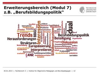 Erweiterungsbereich (Modul 7)
z.B. „Berufsbildungspolitik“
30.01.2014 | Fachbereich 3 | Institut für Allgemeine Pädagogik und Berufspädagogik | 12
 