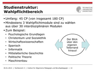 Studienstruktur:
Wahlpflichtbereich
§ Umfang: 45 CP (von insgesamt 180 CP)
§ Mindestens 3 Wahlpflichtmodule sind zu wählen
aus über 30 interdisziplinären Modulen
§ Zum Beispiel:
•  Psychologische Grundlagen
•  Christentum und Sozialethik
•  Wirtschaftswissenschaften
•  Spanisch
•  Informatik
•  Mittelalterliche Geschichte
•  Politische Theorie
•  Maschinenbau
30.01.2014 | Fachbereich 3 | Institut für Allgemeine Pädagogik und Berufspädagogik | 14
Der Blick
über den
eigenen
Tellerrand
hinaus!
 