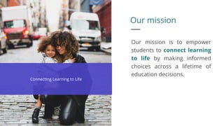 Our mission
Our mission is to empower
students to connect learning
to life by making informed
choices across a lifetime of
education decisions.
Connecting Learning to Life
 