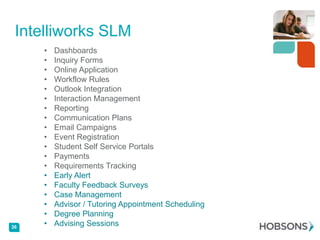 Intelliworks SLM

36

•
•
•
•
•
•
•
•
•
•
•
•
•
•
•
•
•
•
•

Dashboards
Inquiry Forms
Online Application
Workflow Rules
Outlook Integration
Interaction Management
Reporting
Communication Plans
Email Campaigns
Event Registration
Student Self Service Portals
Payments
Requirements Tracking
Early Alert
Faculty Feedback Surveys
Case Management
Advisor / Tutoring Appointment Scheduling
Degree Planning
Advising Sessions

 