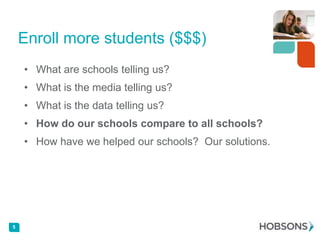 Enroll more students ($$$)
• What are schools telling us?

• What is the media telling us?
• What is the data telling us?
• How do our schools compare to all schools?

• How have we helped our schools? Our solutions.

5

 