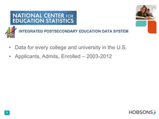 • Data for every college and university in the U.S.
• Applicants, Admits, Enrolled – 2003-2012

9

 