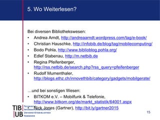 5. Wo Weiterlesen?


Bei diversen Bibliothekswesen:
• Andrea Arndt, http://andreaarndt.wordpress.com/tag/e-book/
• Christian Hauschke, http://infobib.de/blog/tag/mobilecomputing/
• Bodo Pohla, http://www.biblioblog.pohla.org/
• Edlef Stabenau, http://m.netbib.de
• Regina Pfeifenberger,
   http://rss.netbib.de/search.php?rss_query=pfeifenberger
• Rudolf Mumenthaler,
   http://blogs.ethz.ch/innovethbib/category/gadgets/mobilgerate/

…und bei sonstigen Wesen:
• BITKOM e.V. – Mobilfunk & Telefonie,
  http://www.bitkom.org/de/markt_statistik/64001.aspx
• Nick Jones (Gartner), http://bit.ly/gartner2015
                                                              15
 