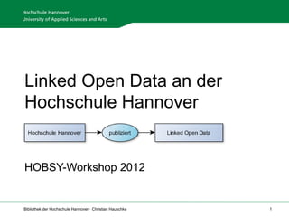 Linked Open Data an der
Hochschule Hannover


HOBSY-Workshop 2012


Bibliothek der Hochschule Hannover · Christian Hauschke   1
 