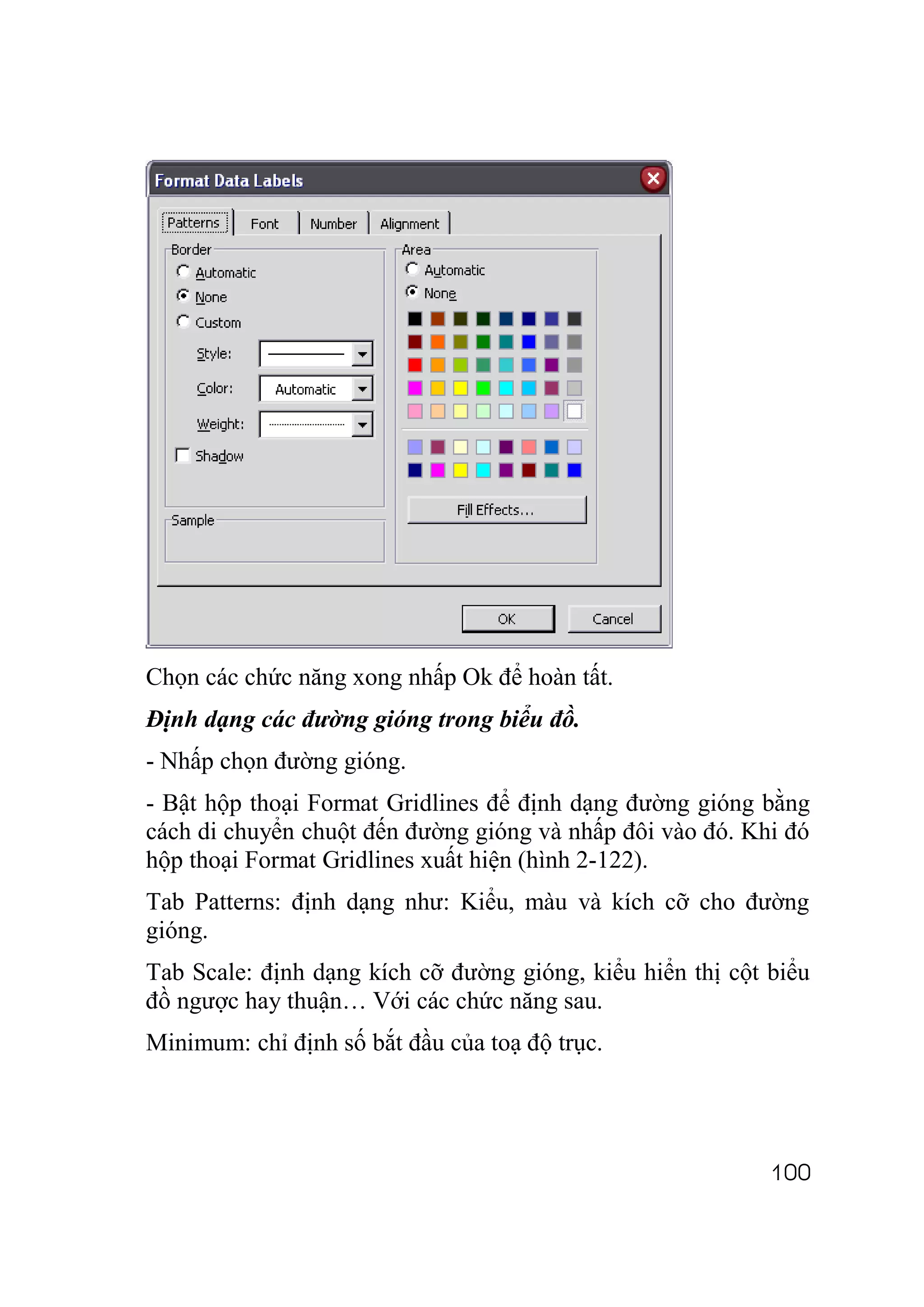 Chọn các chức năng xong nhấp Ok để hoàn tất.
Định dạng các đường gióng trong biểu đồ.
- Nhấp chọn đường gióng.
- Bật hộp thoại Format Gridlines để định dạng đường gióng bằng
cách di chuyển chuột đến đường gióng và nhấp đôi vào đó. Khi đó
hộp thoại Format Gridlines xuất hiện (hình 2-122).
Tab Patterns: định dạng như: Kiểu, màu và kích cỡ cho đường
gióng.
Tab Scale: định dạng kích cỡ đường gióng, kiểu hiển thị cột biểu
đồ ngược hay thuận… Với các chức năng sau.
Minimum: chỉ định số bắt đầu của toạ độ trục.




                                                            100
 