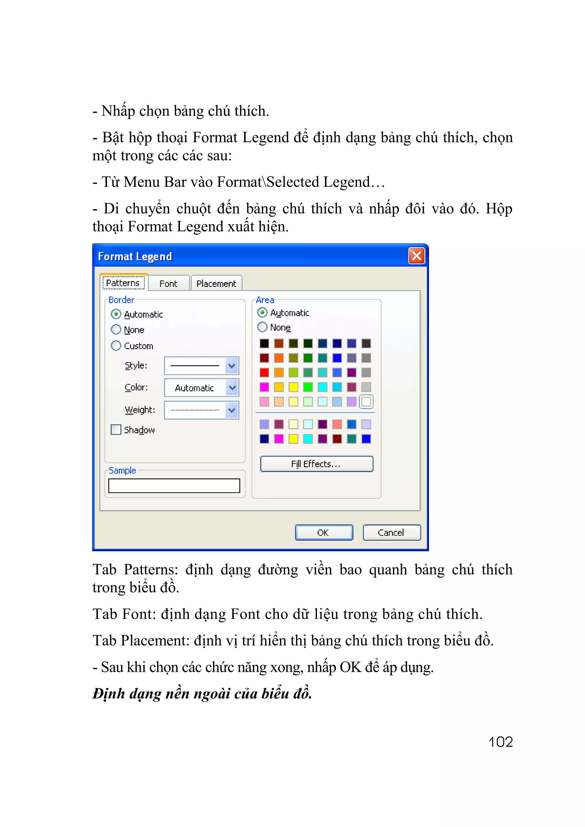- Nhấp chọn bảng chú thích.
- Bật hộp thoại Format Legend để định dạng bảng chú thích, chọn
một trong các các sau:
- Từ Menu Bar vào FormatSelected Legend…
- Di chuyển chuột đến bảng chú thích và nhấp đôi vào đó. Hộp
thoại Format Legend xuất hiện.




Tab Patterns: định dạng đường viền bao quanh bảng chú thích
trong biểu đồ.
Tab Font: định dạng Font cho dữ liệu trong bảng chú thích.
Tab Placement: định vị trí hiển thị bảng chú thích trong biểu đồ.
- Sau khi chọn các chức năng xong, nhấp OK để áp dụng.
Định dạng nền ngoài của biểu đồ.


                                                               102
 