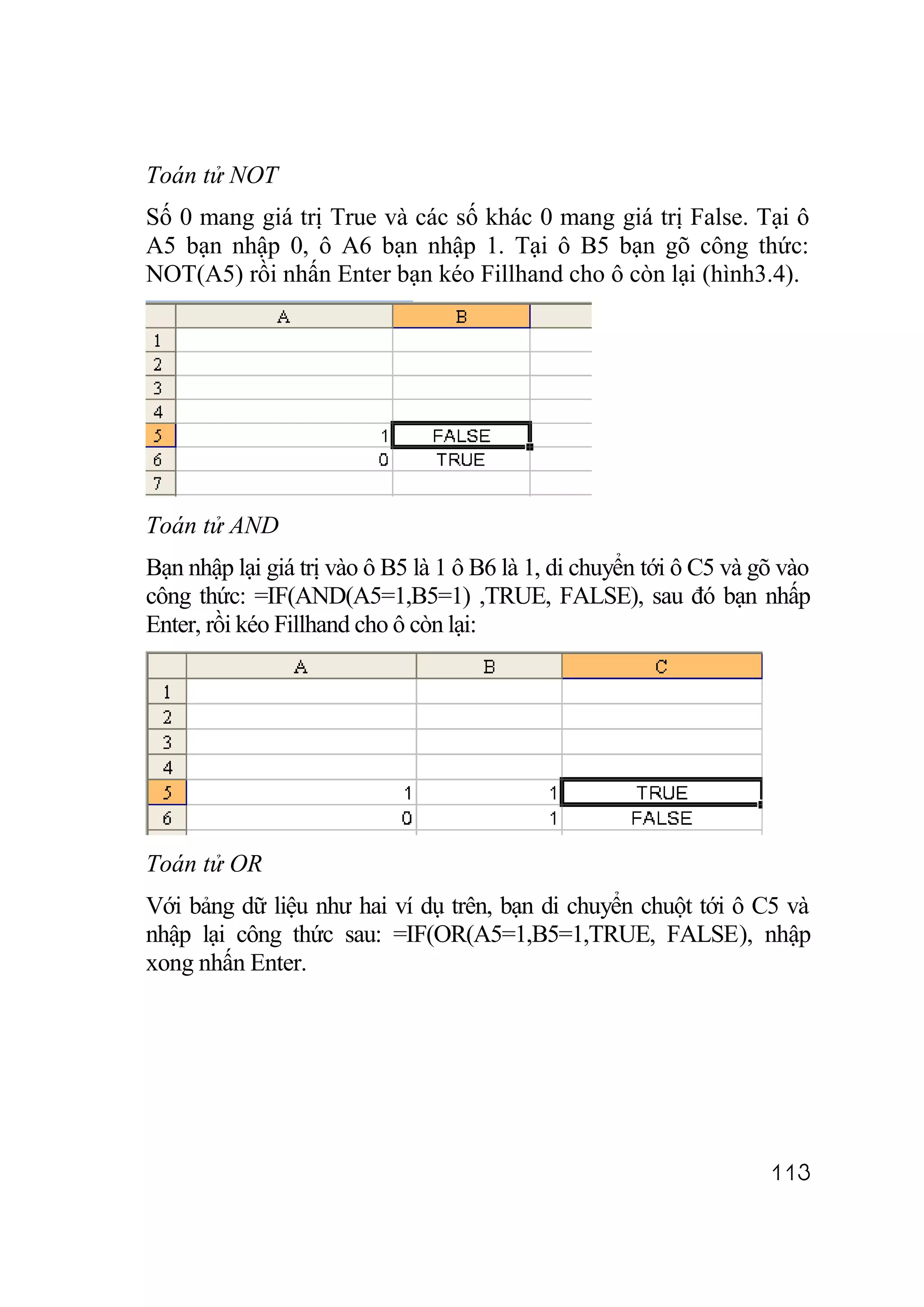 Toán tử NOT
Số 0 mang giá trị True và các số khác 0 mang giá trị False. Tại ô
A5 bạn nhập 0, ô A6 bạn nhập 1. Tại ô B5 bạn gõ công thức:
NOT(A5) rồi nhấn Enter bạn kéo Fillhand cho ô còn lại (hình3.4).




Toán tử AND
Bạn nhập lại giá trị vào ô B5 là 1 ô B6 là 1, di chuyển tới ô C5 và gõ vào
công thức: =IF(AND(A5=1,B5=1) ,TRUE, FALSE), sau đó bạn nhấp
Enter, rồi kéo Fillhand cho ô còn lại:




Toán tử OR
Với bảng dữ liệu như hai ví dụ trên, bạn di chuyển chuột tới ô C5 và
nhập lại công thức sau: =IF(OR(A5=1,B5=1,TRUE, FALSE), nhập
xong nhấn Enter.




                                                                     113
 
