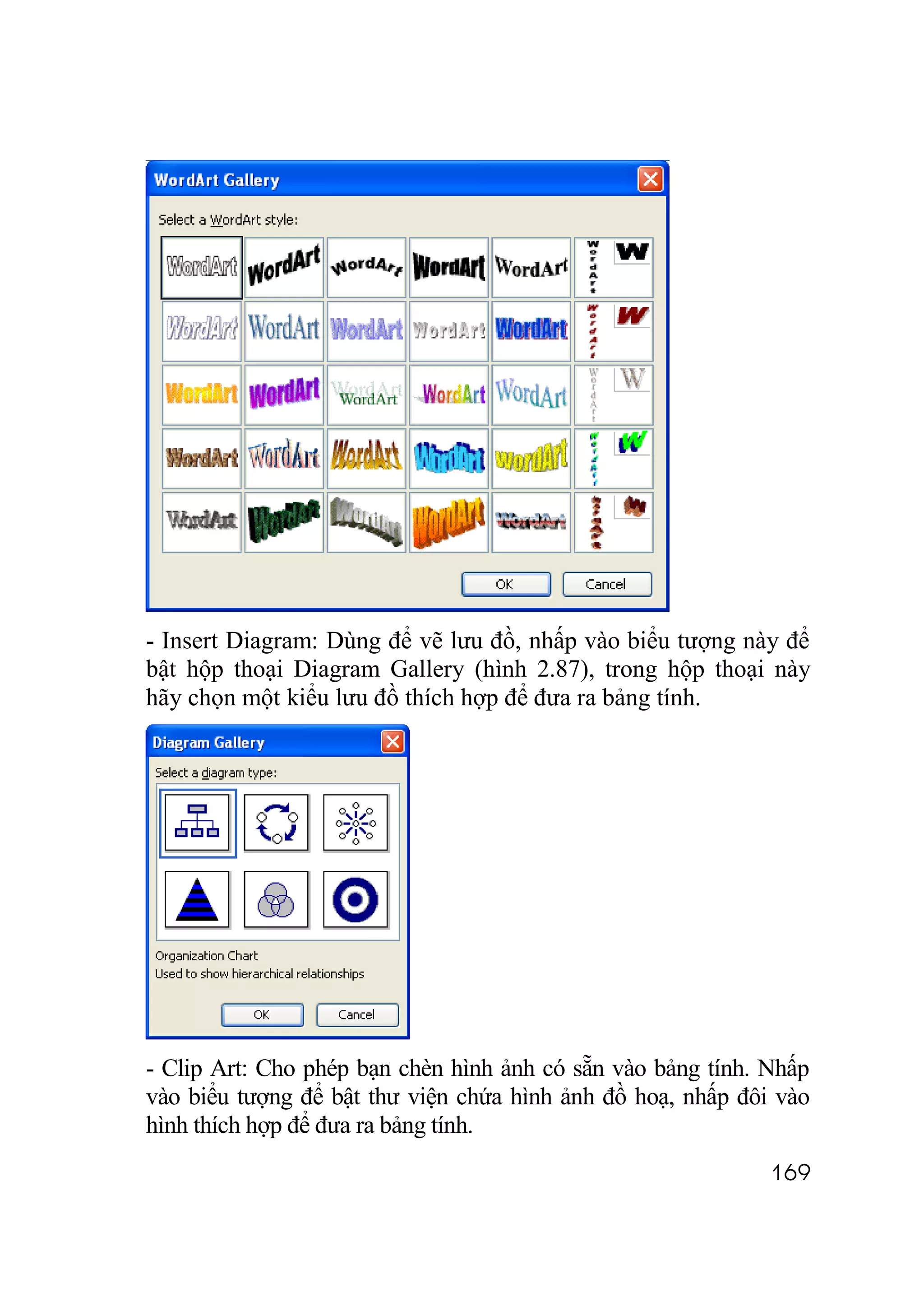 - Insert Diagram: Dùng để vẽ lưu đồ, nhấp vào biểu tượng này để
bật hộp thoại Diagram Gallery (hình 2.87), trong hộp thoại này
hãy chọn một kiểu lưu đồ thích hợp để đưa ra bảng tính.




- Clip Art: Cho phép bạn chèn hình ảnh có sẵn vào bảng tính. Nhấp
vào biểu tượng để bật thư viện chứa hình ảnh đồ hoạ, nhấp đôi vào
hình thích hợp để đưa ra bảng tính.
                                                             169
 
