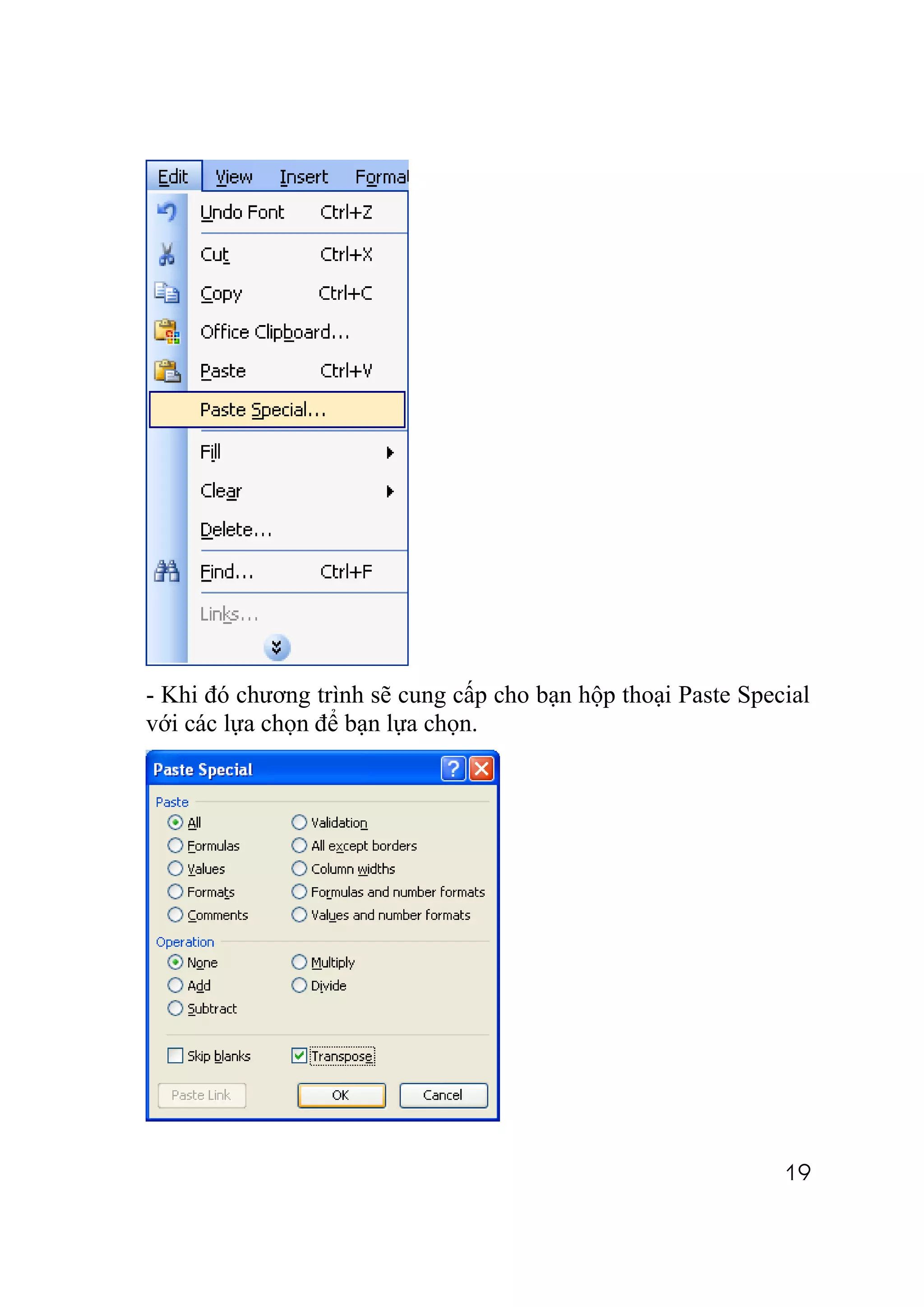 - Khi đó chương trình sẽ cung cấp cho bạn hộp thoại Paste Special
với các lựa chọn để bạn lựa chọn.




                                                              19
 