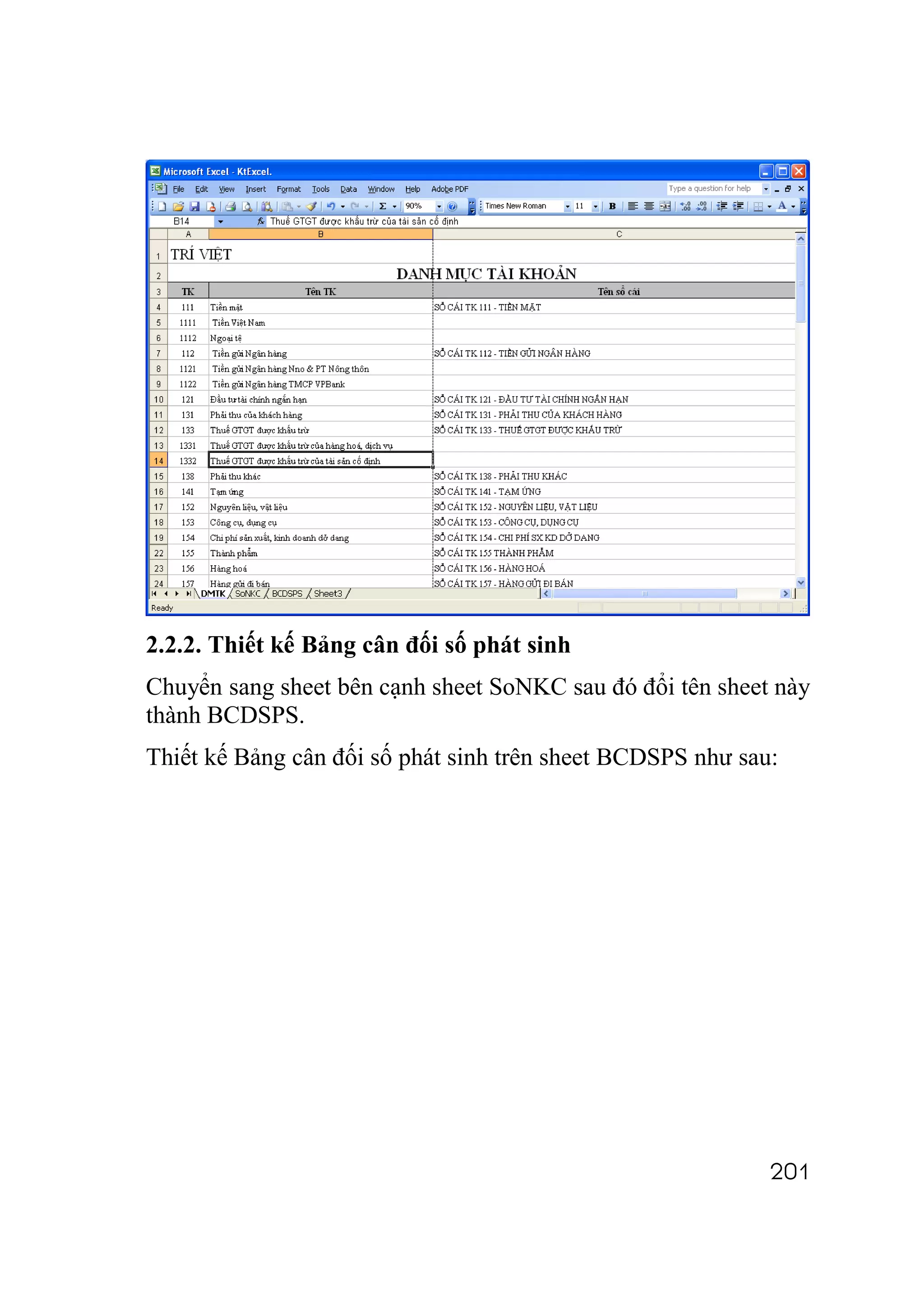 2.2.2. Thiết kế Bảng cân đối số phát sinh
Chuyển sang sheet bên cạnh sheet SoNKC sau đó đổi tên sheet này
thành BCDSPS.
Thiết kế Bảng cân đối số phát sinh trên sheet BCDSPS như sau:




                                                            201
 