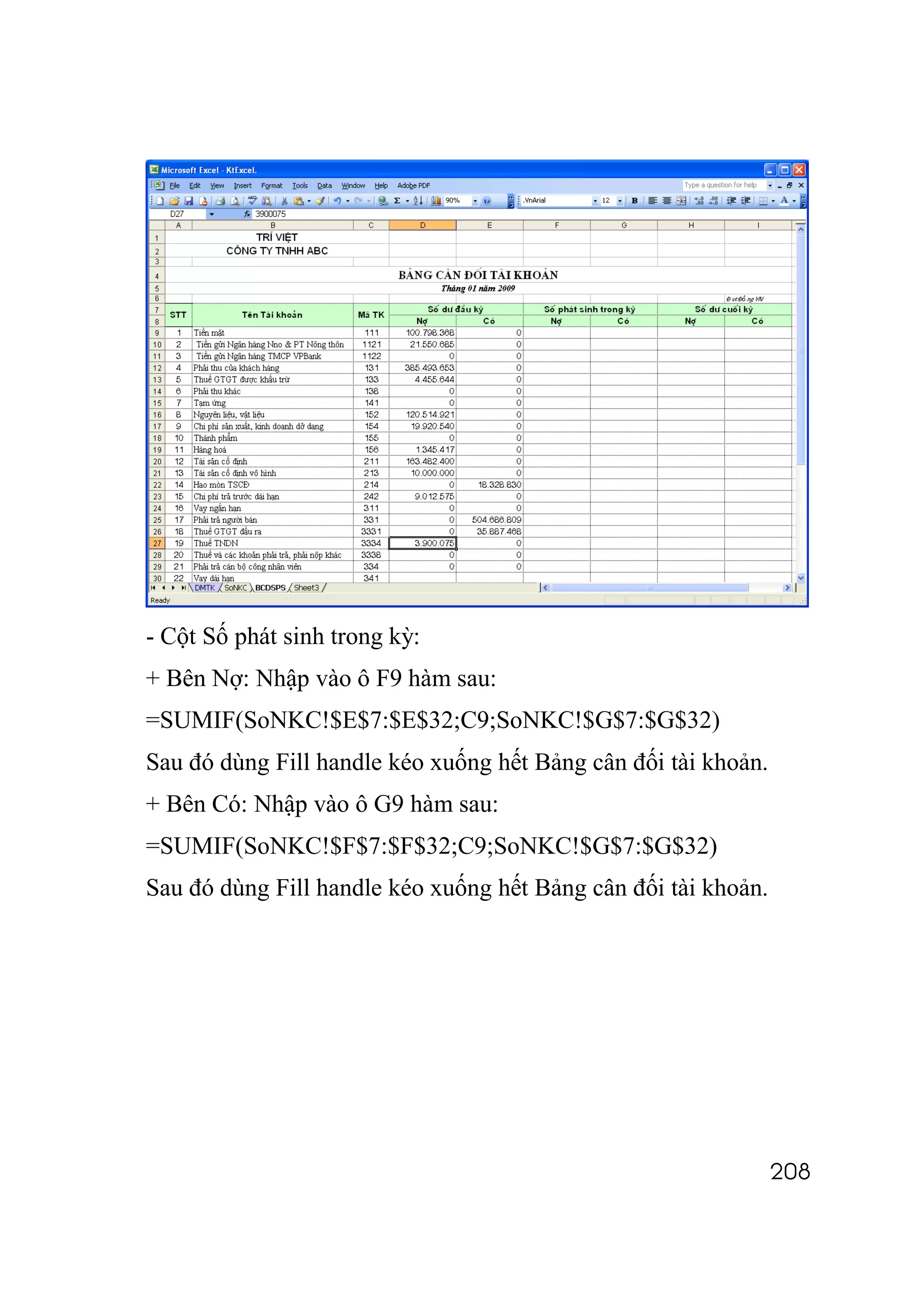 - Cột Số phát sinh trong kỳ:
+ Bên Nợ: Nhập vào ô F9 hàm sau:
=SUMIF(SoNKC!$E$7:$E$32;C9;SoNKC!$G$7:$G$32)
Sau đó dùng Fill handle kéo xuống hết Bảng cân đối tài khoản.
+ Bên Có: Nhập vào ô G9 hàm sau:
=SUMIF(SoNKC!$F$7:$F$32;C9;SoNKC!$G$7:$G$32)
Sau đó dùng Fill handle kéo xuống hết Bảng cân đối tài khoản.




                                                                208
 