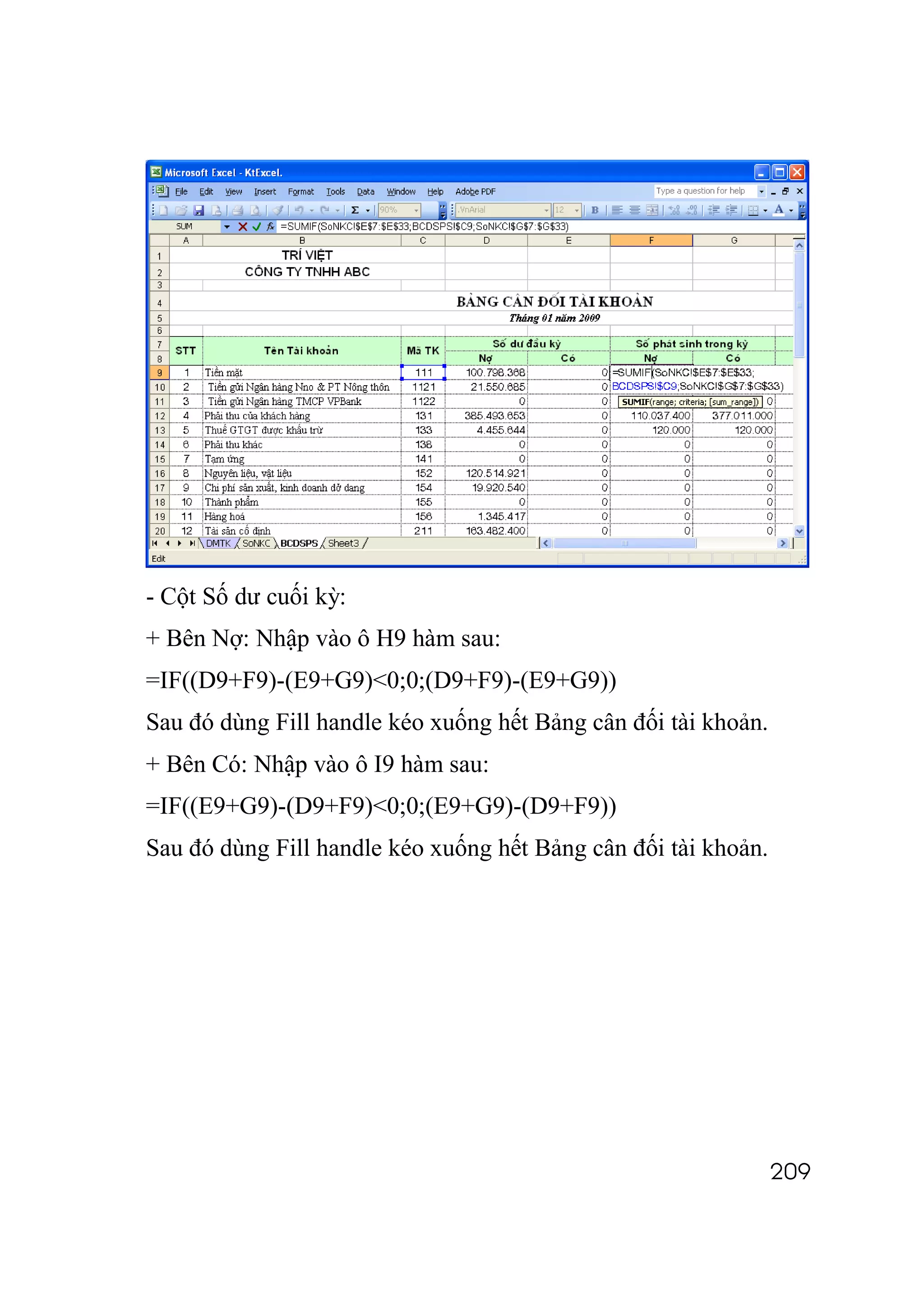 - Cột Số dư cuối kỳ:
+ Bên Nợ: Nhập vào ô H9 hàm sau:
=IF((D9+F9)-(E9+G9)<0;0;(D9+F9)-(E9+G9))
Sau đó dùng Fill handle kéo xuống hết Bảng cân đối tài khoản.
+ Bên Có: Nhập vào ô I9 hàm sau:
=IF((E9+G9)-(D9+F9)<0;0;(E9+G9)-(D9+F9))
Sau đó dùng Fill handle kéo xuống hết Bảng cân đối tài khoản.




                                                                209
 