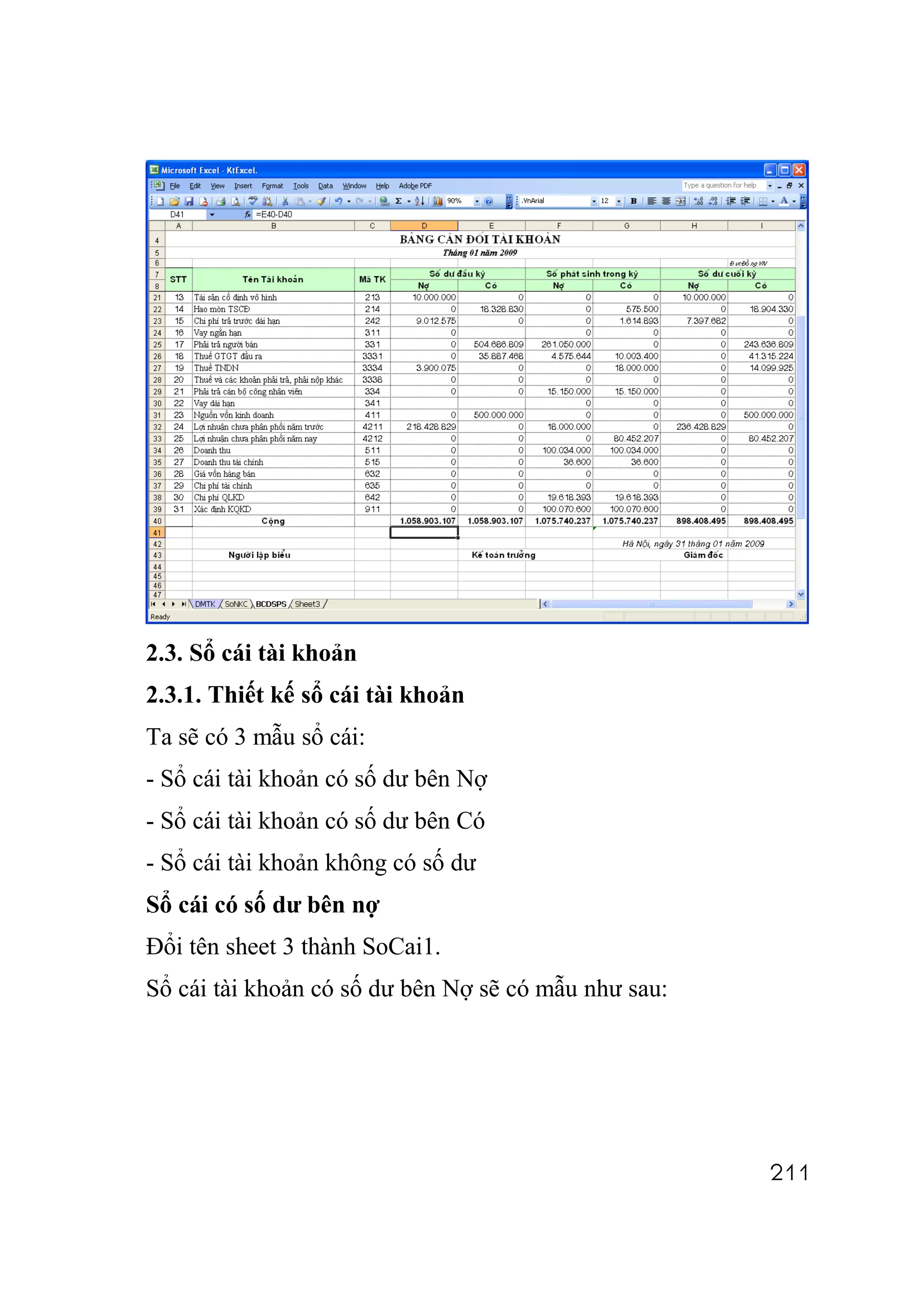 2.3. Sổ cái tài khoản
2.3.1. Thiết kế sổ cái tài khoản
Ta sẽ có 3 mẫu sổ cái:
- Sổ cái tài khoản có số dư bên Nợ
- Sổ cái tài khoản có số dư bên Có
- Sổ cái tài khoản không có số dư
Sổ cái có số dư bên nợ
Đổi tên sheet 3 thành SoCai1.
Sổ cái tài khoản có số dư bên Nợ sẽ có mẫu như sau:




                                                      211
 