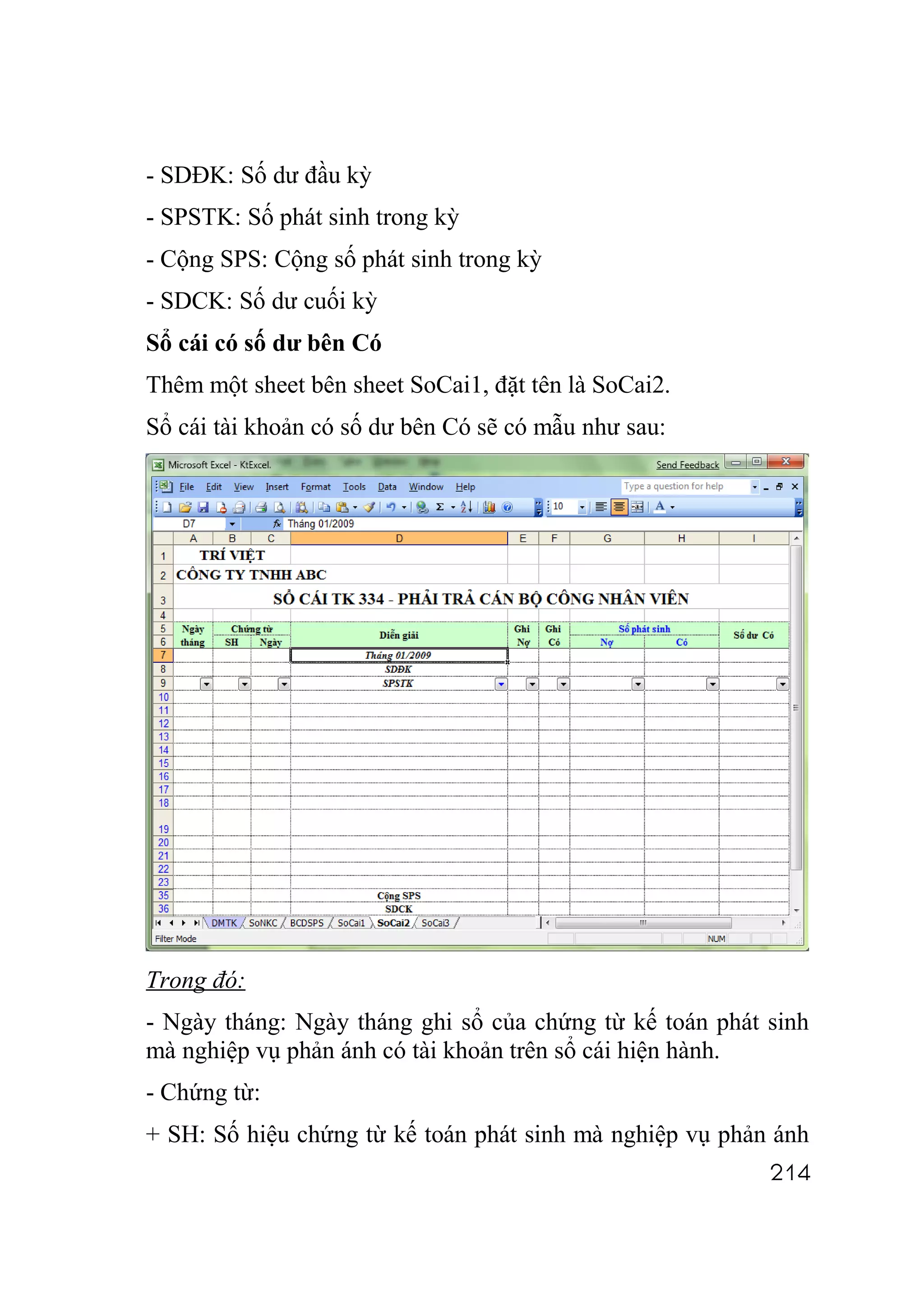 - SDĐK: Số dư đầu kỳ
- SPSTK: Số phát sinh trong kỳ
- Cộng SPS: Cộng số phát sinh trong kỳ
- SDCK: Số dư cuối kỳ
Sổ cái có số dư bên Có
Thêm một sheet bên sheet SoCai1, đặt tên là SoCai2.
Sổ cái tài khoản có số dư bên Có sẽ có mẫu như sau:




Trong đó:
- Ngày tháng: Ngày tháng ghi sổ của chứng từ kế toán phát sinh
mà nghiệp vụ phản ánh có tài khoản trên sổ cái hiện hành.
- Chứng từ:
+ SH: Số hiệu chứng từ kế toán phát sinh mà nghiệp vụ phản ánh
                                                          214
 