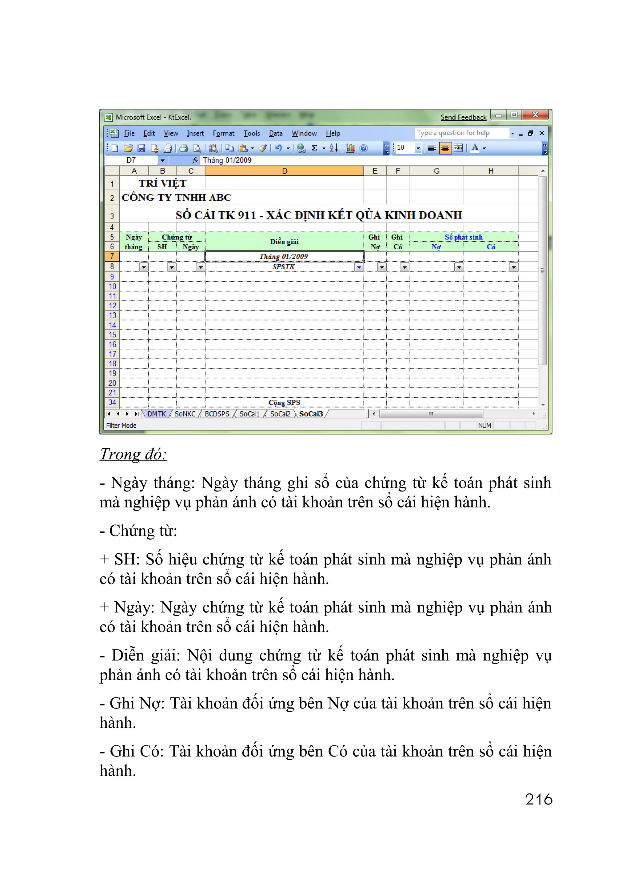 Trong đó:
- Ngày tháng: Ngày tháng ghi sổ của chứng từ kế toán phát sinh
mà nghiệp vụ phản ánh có tài khoản trên sổ cái hiện hành.
- Chứng từ:
+ SH: Số hiệu chứng từ kế toán phát sinh mà nghiệp vụ phản ánh
có tài khoản trên sổ cái hiện hành.
+ Ngày: Ngày chứng từ kế toán phát sinh mà nghiệp vụ phản ánh
có tài khoản trên sổ cái hiện hành.
- Diễn giải: Nội dung chứng từ kế toán phát sinh mà nghiệp vụ
phản ánh có tài khoản trên sổ cái hiện hành.
- Ghi Nợ: Tài khoản đối ứng bên Nợ của tài khoản trên sổ cái hiện
hành.
- Ghi Có: Tài khoản đối ứng bên Có của tài khoản trên sổ cái hiện
hành.
                                                             216
 