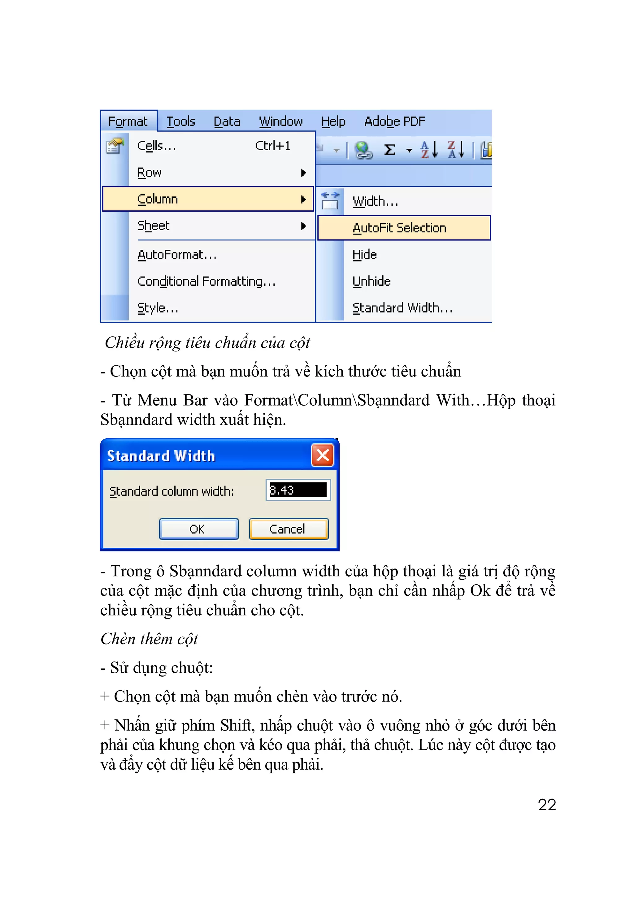 Chiều rộng tiêu chuẩn của cột
- Chọn cột mà bạn muốn trả về kích thước tiêu chuẩn
- Từ Menu Bar vào FormatColumnSbạnndard With…Hộp thoại
Sbạnndard width xuất hiện.




- Trong ô Sbạnndard column width của hộp thoại là giá trị độ rộng
của cột mặc định của chương trình, bạn chỉ cần nhấp Ok để trả về
chiều rộng tiêu chuẩn cho cột.
Chèn thêm cột
- Sử dụng chuột:
+ Chọn cột mà bạn muốn chèn vào trước nó.
+ Nhấn giữ phím Shift, nhấp chuột vào ô vuông nhỏ ở góc dưới bên
phải của khung chọn và kéo qua phải, thả chuột. Lúc này cột được tạo
và đẩy cột dữ liệu kế bên qua phải.

                                                                 22
 