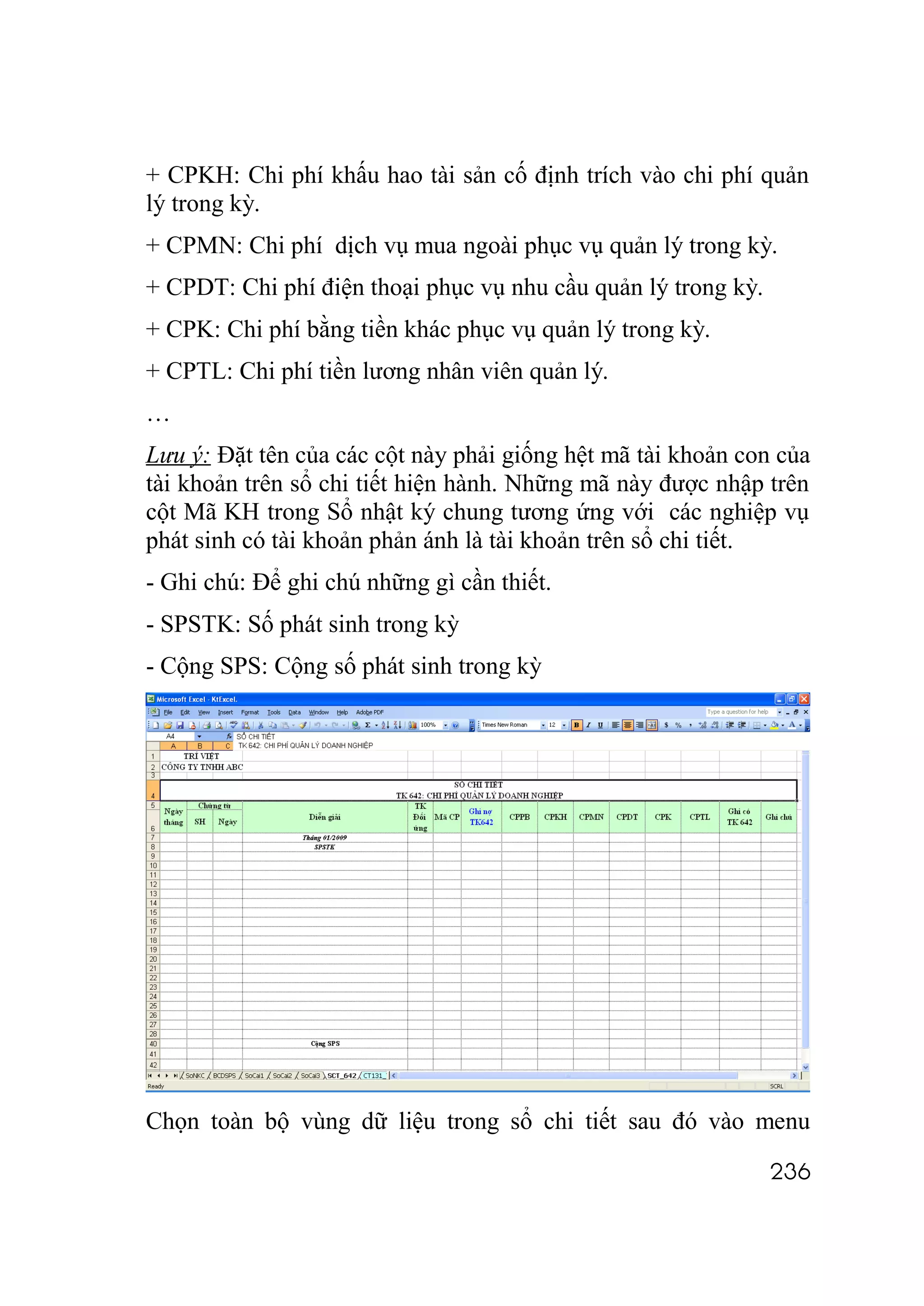 + CPKH: Chi phí khấu hao tài sản cố định trích vào chi phí quản
lý trong kỳ.
+ CPMN: Chi phí dịch vụ mua ngoài phục vụ quản lý trong kỳ.
+ CPDT: Chi phí điện thoại phục vụ nhu cầu quản lý trong kỳ.
+ CPK: Chi phí bằng tiền khác phục vụ quản lý trong kỳ.
+ CPTL: Chi phí tiền lương nhân viên quản lý.
…
Lưu ý: Đặt tên của các cột này phải giống hệt mã tài khoản con của
tài khoản trên sổ chi tiết hiện hành. Những mã này được nhập trên
cột Mã KH trong Sổ nhật ký chung tương ứng với các nghiệp vụ
phát sinh có tài khoản phản ánh là tài khoản trên sổ chi tiết.
- Ghi chú: Để ghi chú những gì cần thiết.
- SPSTK: Số phát sinh trong kỳ
- Cộng SPS: Cộng số phát sinh trong kỳ




Chọn toàn bộ vùng dữ liệu trong sổ chi tiết sau đó vào menu

                                                               236
 
