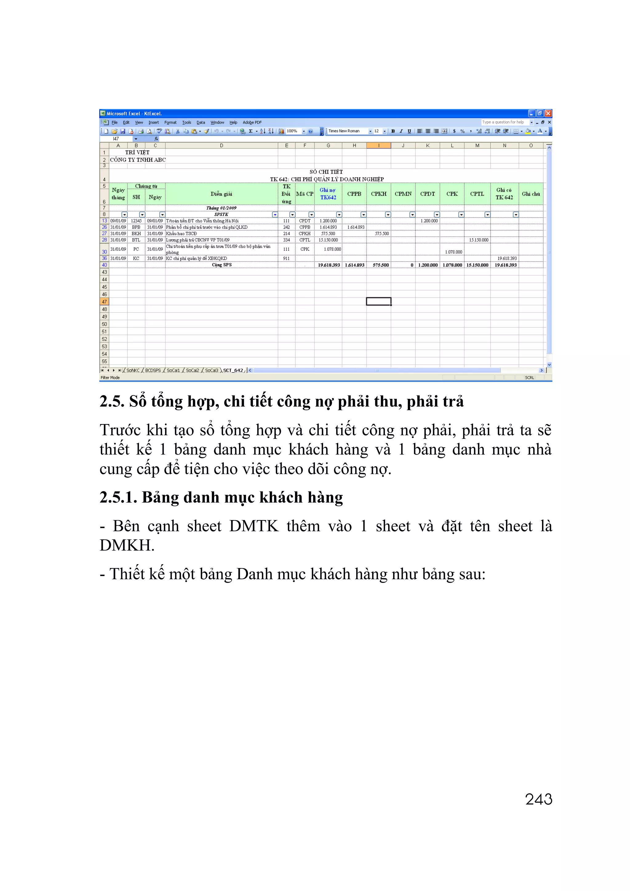 2.5. Sổ tổng hợp, chi tiết công nợ phải thu, phải trả
Trước khi tạo sổ tổng hợp và chi tiết công nợ phải, phải trả ta sẽ
thiết kế 1 bảng danh mục khách hàng và 1 bảng danh mục nhà
cung cấp để tiện cho việc theo dõi công nợ.
2.5.1. Bảng danh mục khách hàng
- Bên cạnh sheet DMTK thêm vào 1 sheet và đặt tên sheet là
DMKH.
- Thiết kế một bảng Danh mục khách hàng như bảng sau:




                                                              243
 