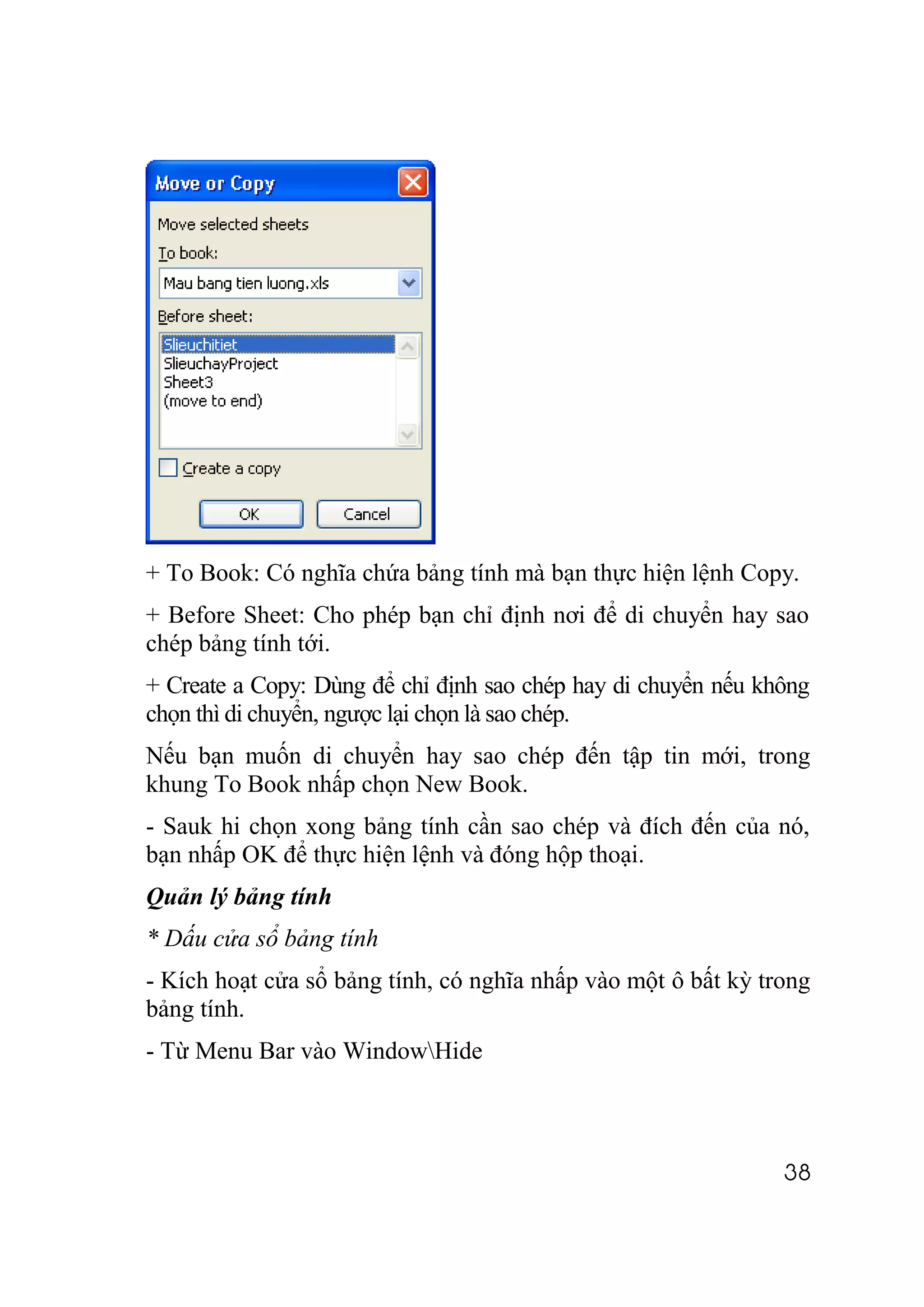 + To Book: Có nghĩa chứa bảng tính mà bạn thực hiện lệnh Copy.
+ Before Sheet: Cho phép bạn chỉ định nơi để di chuyển hay sao
chép bảng tính tới.
+ Create a Copy: Dùng để chỉ định sao chép hay di chuyển nếu không
chọn thì di chuyển, ngược lại chọn là sao chép.
Nếu bạn muốn di chuyển hay sao chép đến tập tin mới, trong
khung To Book nhấp chọn New Book.
- Sauk hi chọn xong bảng tính cần sao chép và đích đến của nó,
bạn nhấp OK để thực hiện lệnh và đóng hộp thoại.
Quản lý bảng tính
* Dấu cửa sổ bảng tính
- Kích hoạt cửa sổ bảng tính, có nghĩa nhấp vào một ô bất kỳ trong
bảng tính.
- Từ Menu Bar vào WindowHide



                                                               38
 