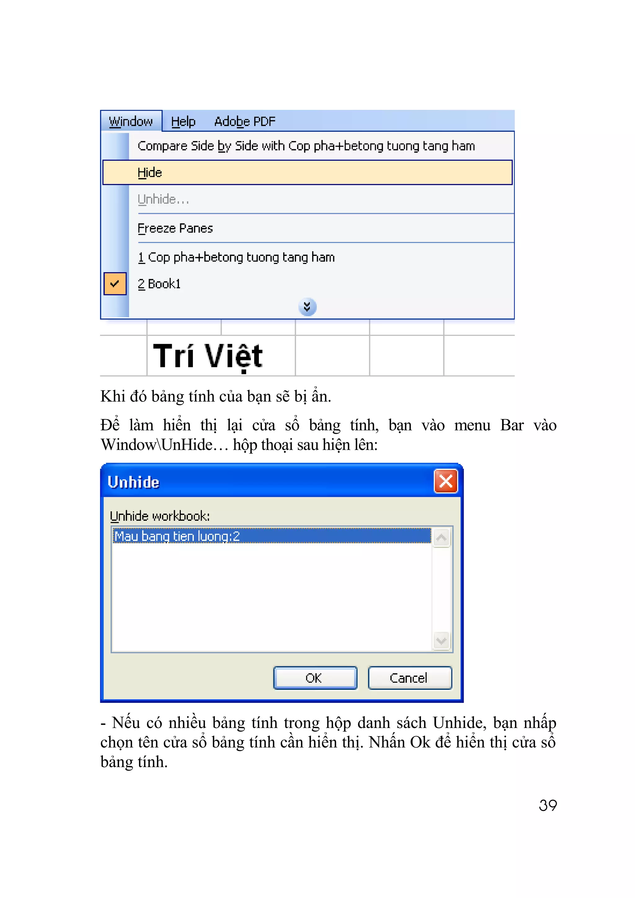 Khi đó bảng tính của bạn sẽ bị ẩn.
Để làm hiển thị lại cửa sổ bảng tính, bạn vào menu Bar vào
WindowUnHide… hộp thoại sau hiện lên:




- Nếu có nhiều bảng tính trong hộp danh sách Unhide, bạn nhấp
chọn tên cửa sổ bảng tính cần hiển thị. Nhấn Ok để hiển thị cửa sổ
bảng tính.

                                                               39
 
