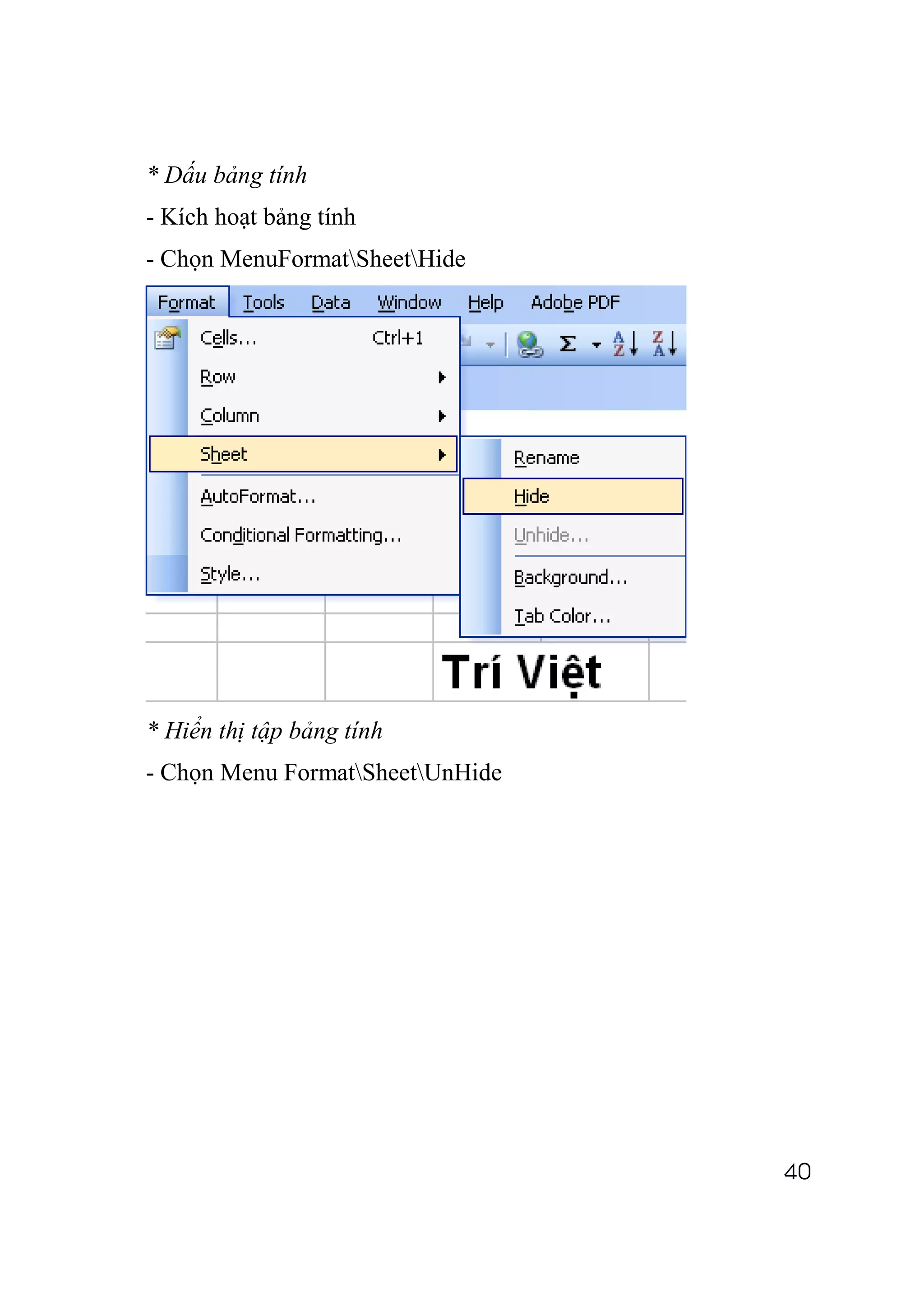 * Dấu bảng tính
- Kích hoạt bảng tính
- Chọn MenuFormatSheetHide




* Hiển thị tập bảng tính
- Chọn Menu FormatSheetUnHide




                                  40
 