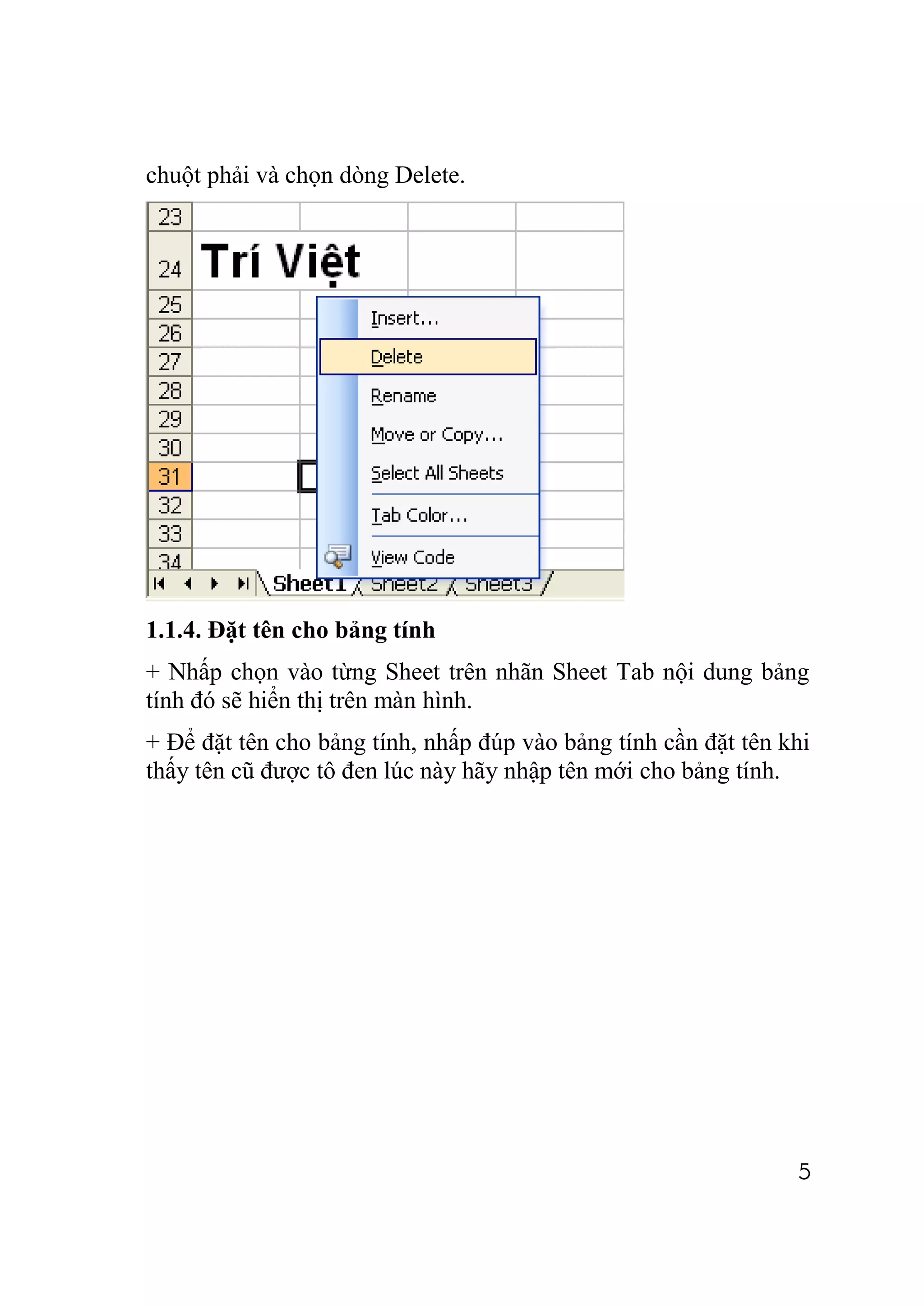 chuột phải và chọn dòng Delete.




1.1.4. Đặt tên cho bảng tính
+ Nhấp chọn vào từng Sheet trên nhãn Sheet Tab nội dung bảng
tính đó sẽ hiển thị trên màn hình.
+ Để đặt tên cho bảng tính, nhấp đúp vào bảng tính cần đặt tên khi
thấy tên cũ được tô đen lúc này hãy nhập tên mới cho bảng tính.




                                                                5
 