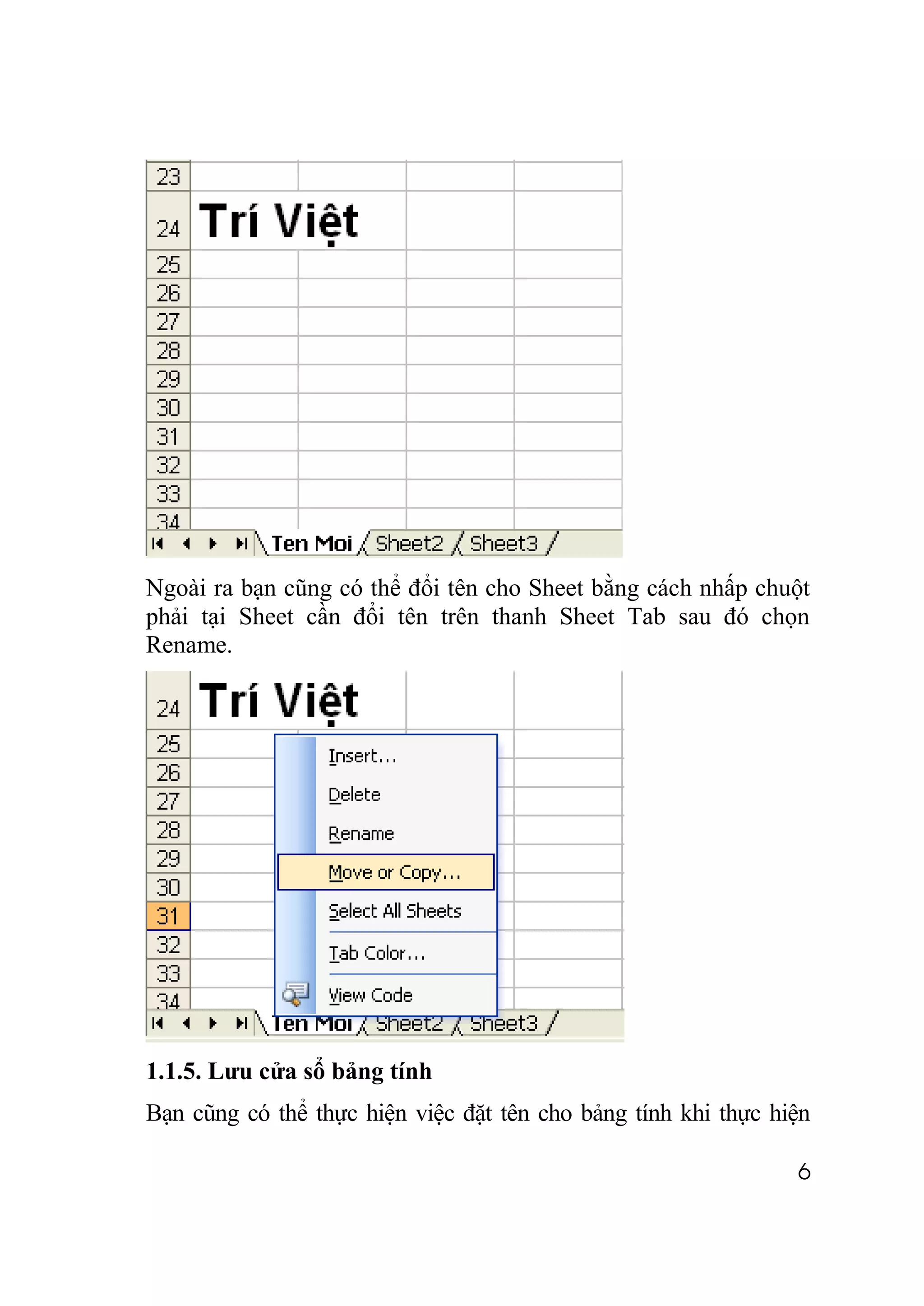 Ngoài ra bạn cũng có thể đổi tên cho Sheet bằng cách nhấp chuột
phải tại Sheet cần đổi tên trên thanh Sheet Tab sau đó chọn
Rename.




1.1.5. Lưu cửa sổ bảng tính
Bạn cũng có thể thực hiện việc đặt tên cho bảng tính khi thực hiện

                                                                6
 