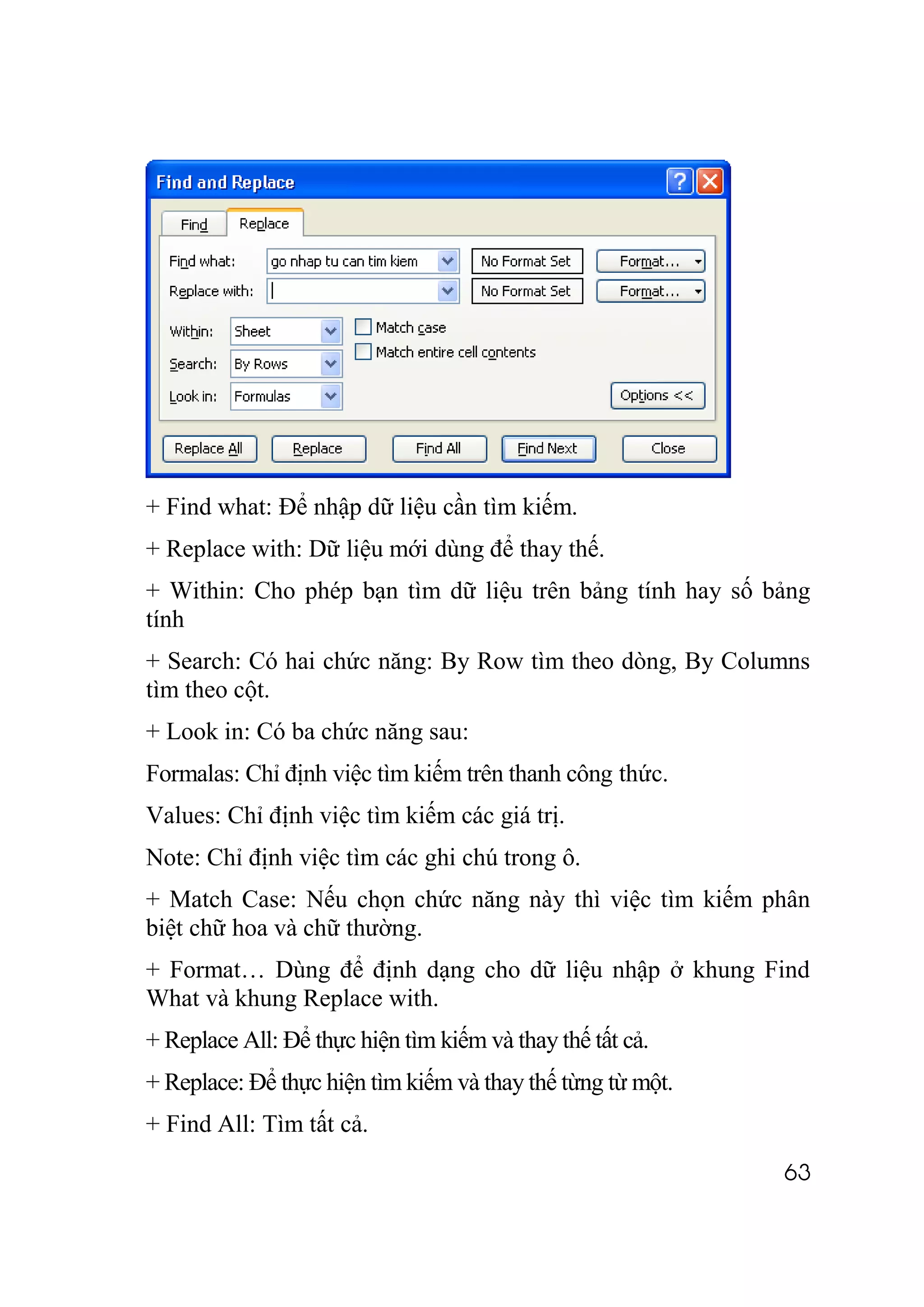 + Find what: Để nhập dữ liệu cần tìm kiếm.
+ Replace with: Dữ liệu mới dùng để thay thế.
+ Within: Cho phép bạn tìm dữ liệu trên bảng tính hay số bảng
tính
+ Search: Có hai chức năng: By Row tìm theo dòng, By Columns
tìm theo cột.
+ Look in: Có ba chức năng sau:
Formalas: Chỉ định việc tìm kiếm trên thanh công thức.
Values: Chỉ định việc tìm kiếm các giá trị.
Note: Chỉ định việc tìm các ghi chú trong ô.
+ Match Case: Nếu chọn chức năng này thì việc tìm kiếm phân
biệt chữ hoa và chữ thường.
+ Format… Dùng để định dạng cho dữ liệu nhập ở khung Find
What và khung Replace with.
+ Replace All: Để thực hiện tìm kiếm và thay thế tất cả.
+ Replace: Để thực hiện tìm kiếm và thay thế từng từ một.
+ Find All: Tìm tất cả.
                                                            63
 