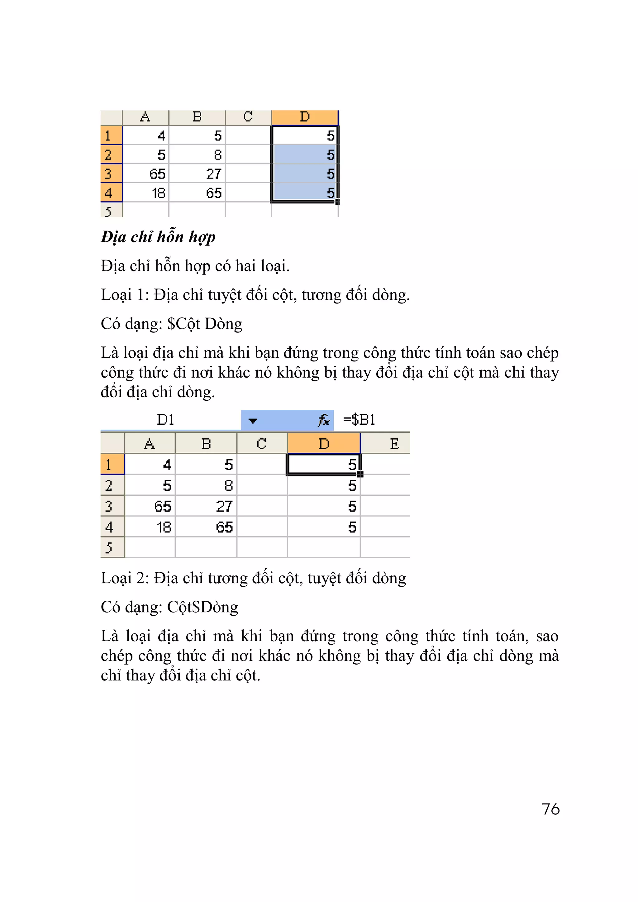Địa chỉ hỗn hợp
Địa chỉ hỗn hợp có hai loại.
Loại 1: Địa chỉ tuyệt đối cột, tương đối dòng.
Có dạng: $Cột Dòng
Là loại địa chỉ mà khi bạn đứng trong công thức tính toán sao chép
công thức đi nơi khác nó không bị thay đổi địa chỉ cột mà chỉ thay
đổi địa chỉ dòng.




Loại 2: Địa chỉ tương đối cột, tuyệt đối dòng
Có dạng: Cột$Dòng
Là loại địa chỉ mà khi bạn đứng trong công thức tính toán, sao
chép công thức đi nơi khác nó không bị thay đổi địa chỉ dòng mà
chỉ thay đổi địa chỉ cột.




                                                               76
 