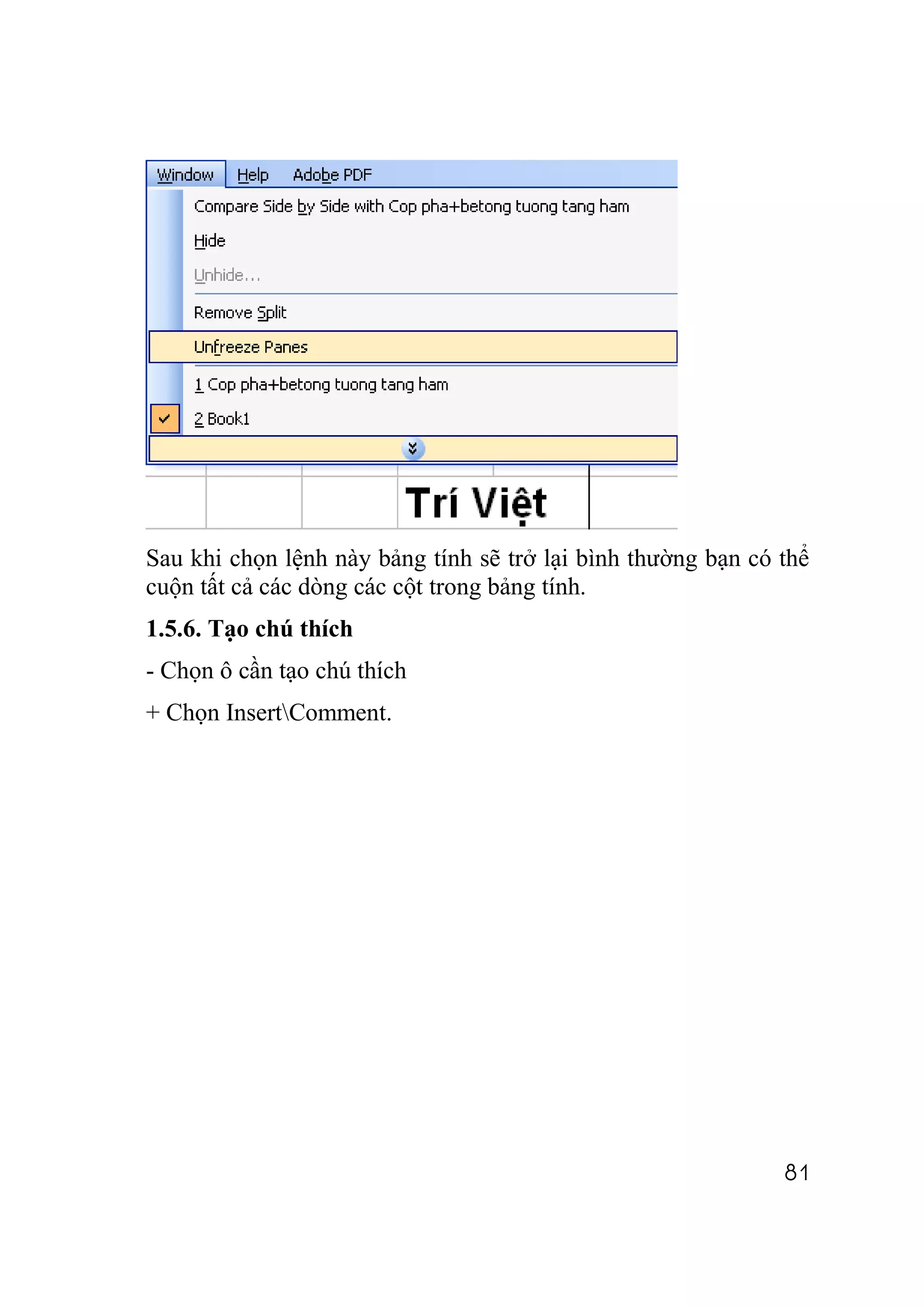 Sau khi chọn lệnh này bảng tính sẽ trở lại bình thường bạn có thể
cuộn tất cả các dòng các cột trong bảng tính.
1.5.6. Tạo chú thích
- Chọn ô cần tạo chú thích
+ Chọn InsertComment.




                                                              81
 