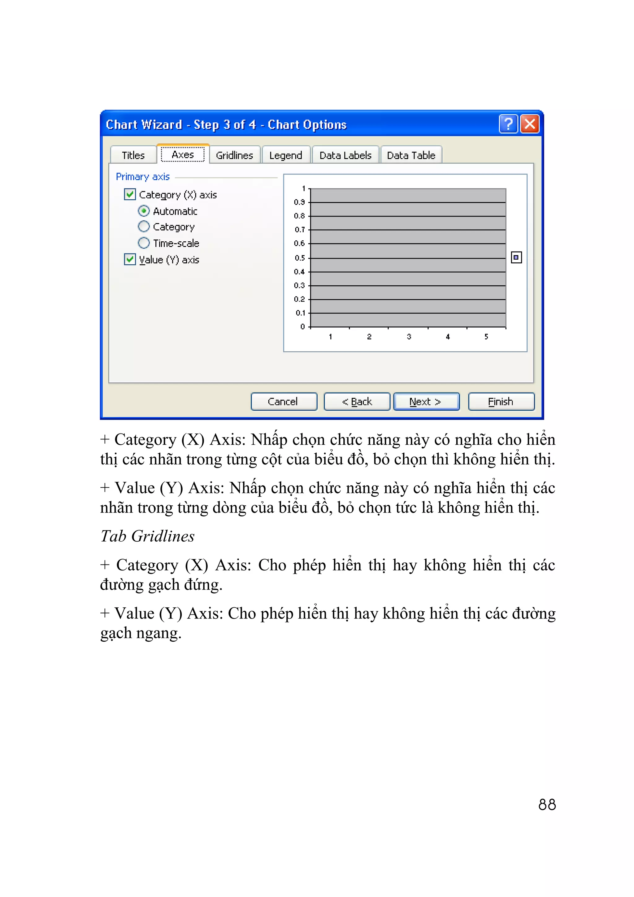 + Category (X) Axis: Nhấp chọn chức năng này có nghĩa cho hiển
thị các nhãn trong từng cột của biểu đồ, bỏ chọn thì không hiển thị.
+ Value (Y) Axis: Nhấp chọn chức năng này có nghĩa hiển thị các
nhãn trong từng dòng của biểu đồ, bỏ chọn tức là không hiển thị.
Tab Gridlines
+ Category (X) Axis: Cho phép hiển thị hay không hiển thị các
đường gạch đứng.
+ Value (Y) Axis: Cho phép hiển thị hay không hiển thị các đường
gạch ngang.




                                                                 88
 