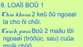 104
8. LOA?I BO? 1
Cha khoa: 2 ke? ?? ngoa?i
ta cho ?i ch?i.
Cach gia?i:Bo? 2 ma?u t??
ngoa?i (tr??c, sau) cu?a
 