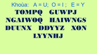 117
Khoa: A = U; O = I ; E = Y
TOMPQ GUWPJ
NGAIWOQ HAIWNGS
DUUNX DDYYZ XON
LYYNHJ
 