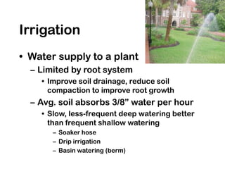 Irrigation
• Water supply to a plant
– Limited by root system
• Improve soil drainage, reduce soil
compaction to improve root growth
– Avg. soil absorbs 3/8” water per hour
• Slow, less-frequent deep watering better
than frequent shallow watering
– Soaker hose
– Drip irrigation
– Basin watering (berm)
 
