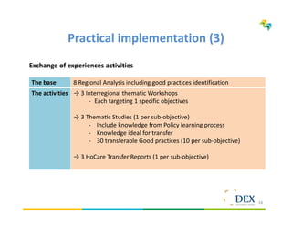 18
Practical implementation (3)
Exchange of experiences activities
The base 8 Regional Analysis including good practices identification
The activities → 3 Interregional thematic Workshops
- Each targeting 1 specific objectives
→ 3 Thema c Studies (1 per sub-objective)
- Include knowledge from Policy learning process
- Knowledge ideal for transfer
- 30 transferable Good practices (10 per sub-objective)
→ 3 HoCare Transfer Reports (1 per sub-objective)
 
