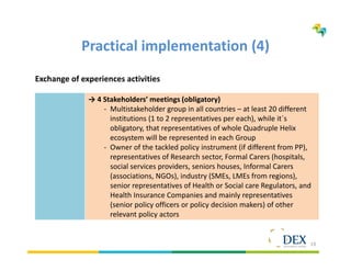 19
Practical implementation (4)
Exchange of experiences activities
→ 4 Stakeholders’ meetings (obligatory)
- Multistakeholder group in all countries – at least 20 different
institutions (1 to 2 representatives per each), while it´s
obligatory, that representatives of whole Quadruple Helix
ecosystem will be represented in each Group
- Owner of the tackled policy instrument (if different from PP),
representatives of Research sector, Formal Carers (hospitals,
social services providers, seniors houses, Informal Carers
(associations, NGOs), industry (SMEs, LMEs from regions),
senior representatives of Health or Social care Regulators, and
Health Insurance Companies and mainly representatives
(senior policy officers or policy decision makers) of other
relevant policy actors
 