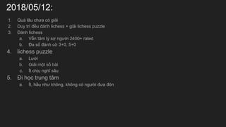 2018/05/12:
1. Qu l?u ch?a c gi?i
2. Duy tr ??u ?nh lichess + gi?i lichess puzzle
3. ?nh lichess
a. V?n t?m l? s? ng??i 2400+ rated
b. ?a s? ?nh c? 3+0, 5+0
4. lichess puzzle
a. L??i
b. Gi?i m?t s? bi
c. ?t ch?u ngh? s?u
5. ?i h?c trung t?m
a. ?t, h?u nh? kh?ng, kh?ng c ng??i ??a ?n
 