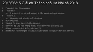 2018/06/15 Gi?i c? Thnh ph? H N?i h 2018
1. Thnh tch: Huy Ch??ng Vng
2. Thua THMT
a. ?t active, t ?i h?c c?; m?t xe ngay t? ??u; sau ? kh?ng g? l?i ???c
3. Thua D.T.D
a. H?n qu?n; m?t l?i qu?n; cu?i cng thua
4. HCV: May m?n
5. Vn 8/9: C 5 b?n ???c 5.5 ?i?m; k?ch tnh
6. ?nh cho ??i ?ng Ho (kh?ng ?? tiu chu?n ?nh theo qu?n ??ng ?a)
7. (Kh?ng ch?p ???c ?nh, kh?ng bin b?n (?))
8. Ban t? ch?c c?m mang ti li?u vo phng thi" (do ? kh?ng ???c ?em bin b?n vo)
 