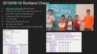 2018/08/18 Richland Chess
1. Gi?i nh?t, ton th?ng (b?ng Open),
2. Th?ng c? cc anh ch? U cao h?n (h?n 2 - 4
tu?i), ?? c gi?i c nh?n qu?c gia
3. Th?ng may m?n m?t vn (cu?i)
4. T? tin thi ??u
5. Kh?ng c?n b? k k ?i cng
6. Ghi bin b?n ??y ??
7. V?n chi?n l??c v cch ?nh c? (kh?ng ??i)
 
